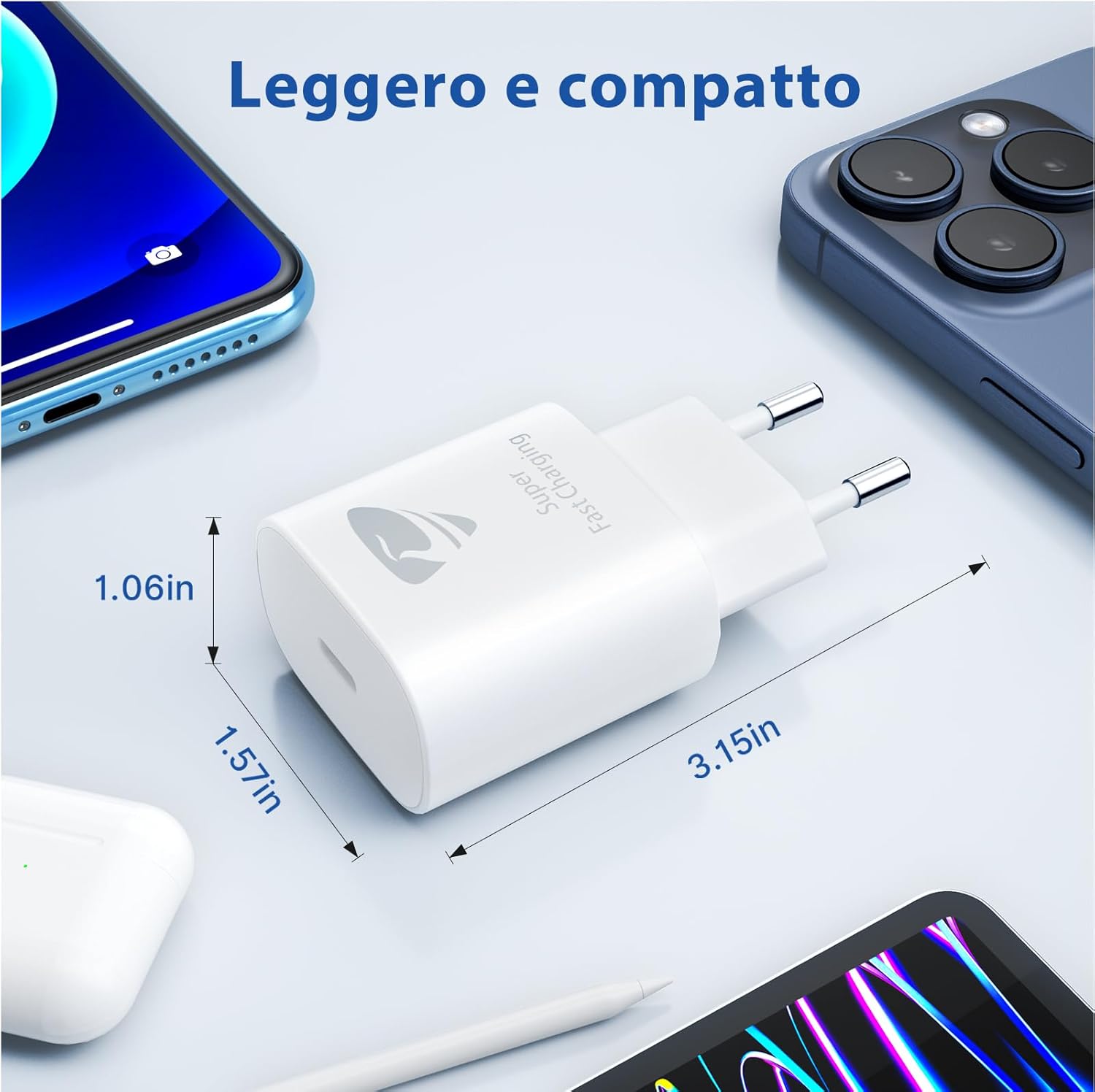 Caricatore USB C 20W Ricarica Rapida per iPhone e Samsung - immagine 3