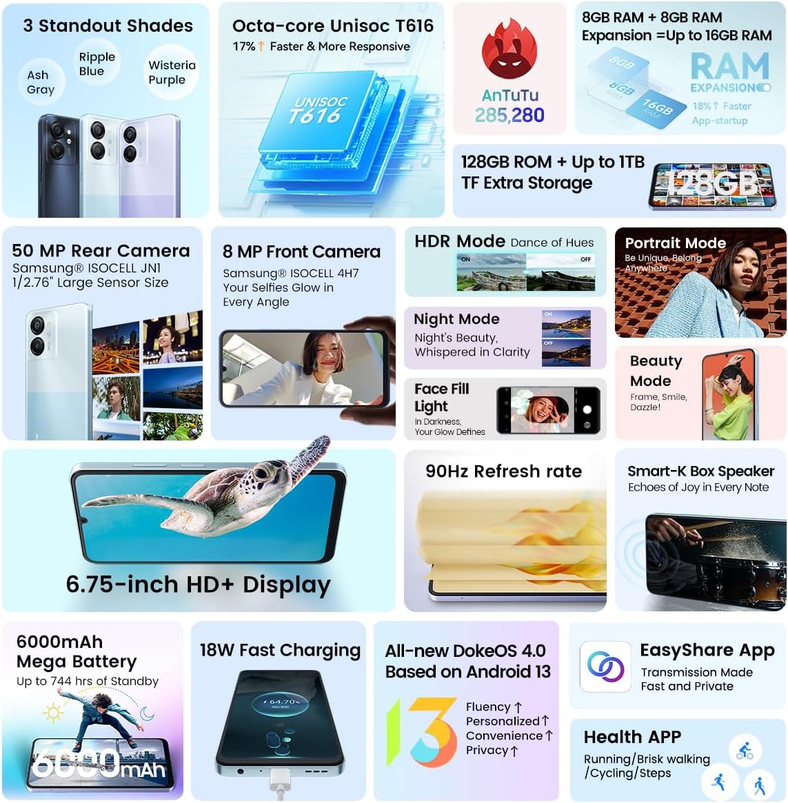 Blackview Color 8 Smartphone 16GB+128GB 6.75" Blu - immagine 3