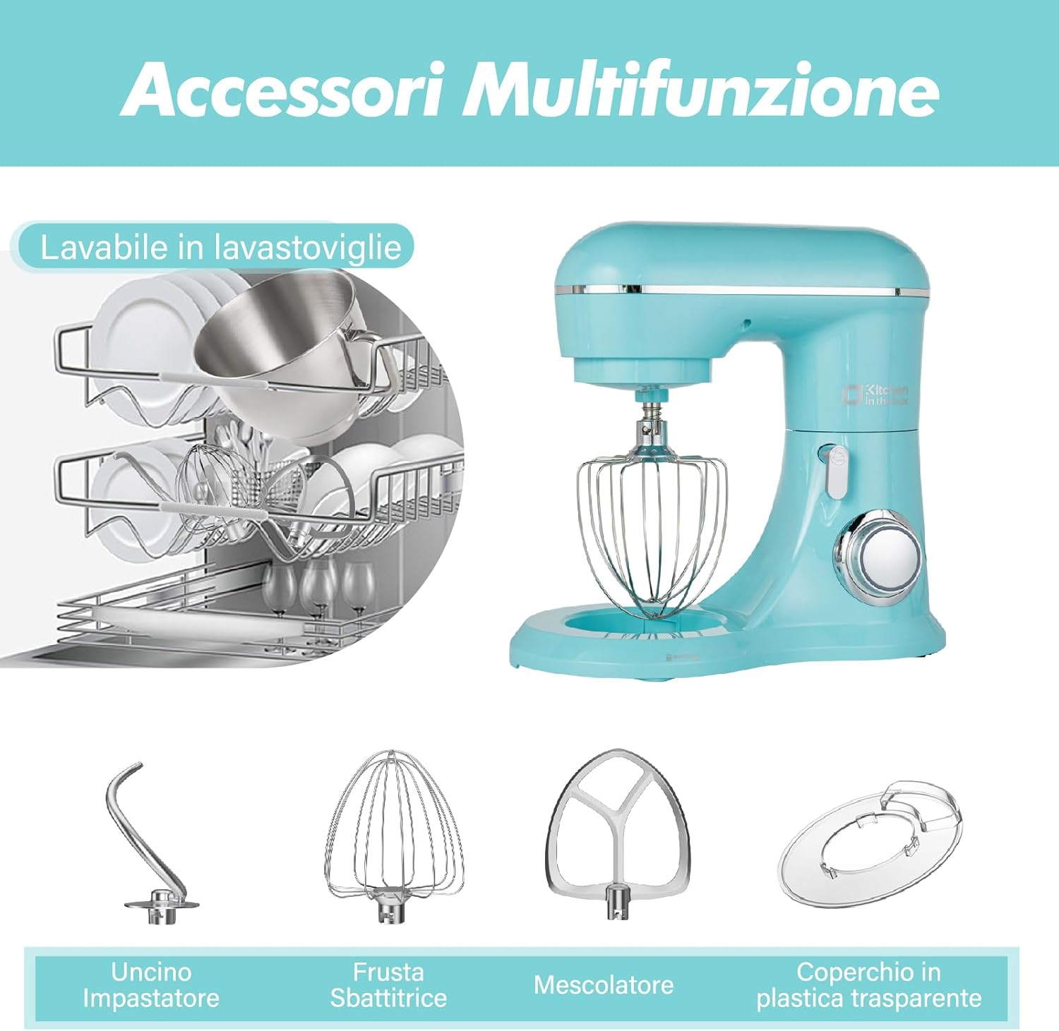 Kitchen In The Box Impastatrice Planetaria 6L 1400W, Blu - immagine 5