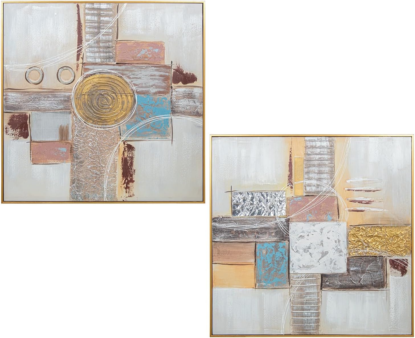 DRW Set di 2 Quadri Quadrati Astratti con Cornice Dorata 82x4,5x82 cm, Oro