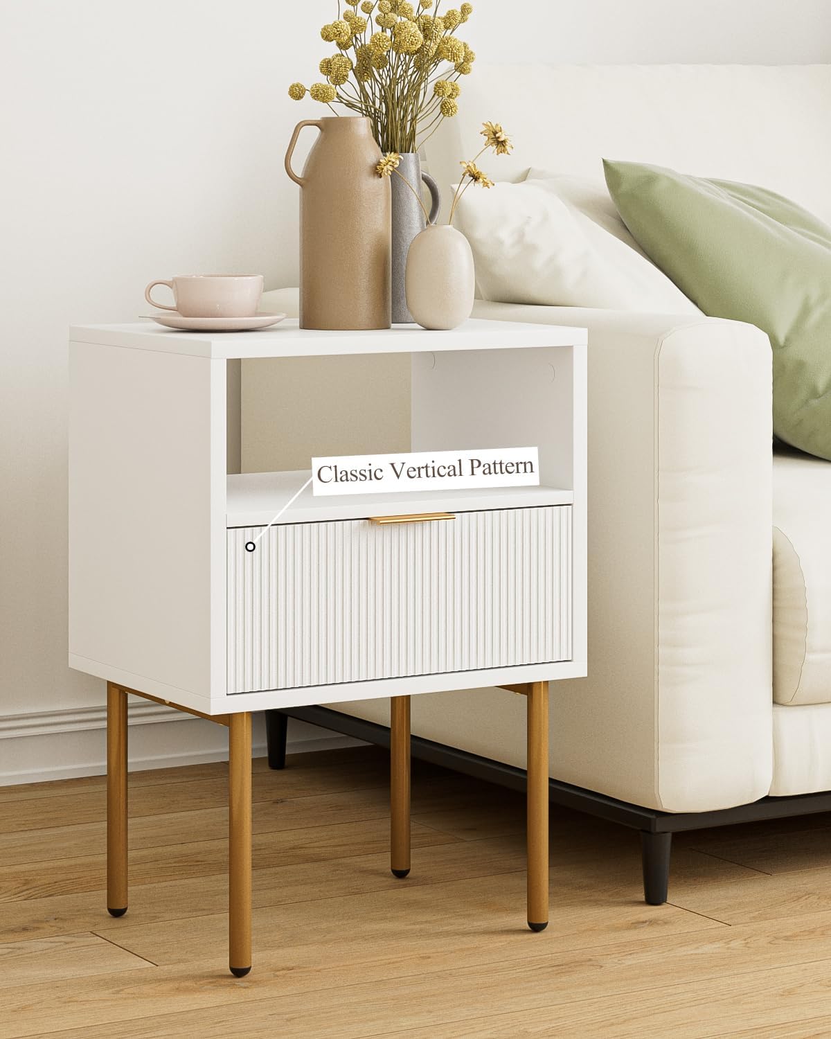 Comodino Moderno con Cassetto e Ripiano, Bianco - immagine 2