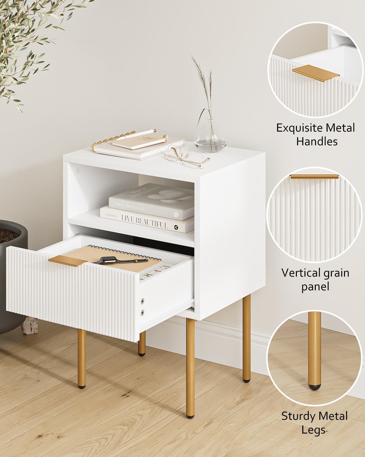 Comodino Moderno con Cassetto e Ripiano, Bianco - immagine 3