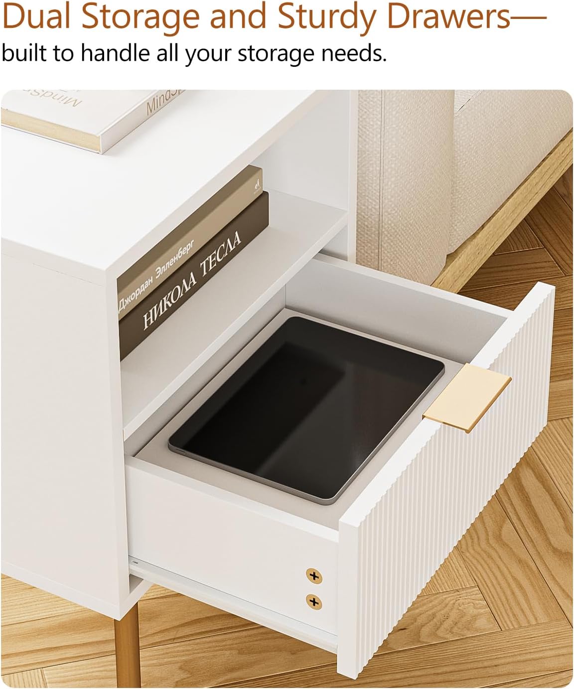 Comodino Moderno con Cassetto e Ripiano, Bianco - immagine 6