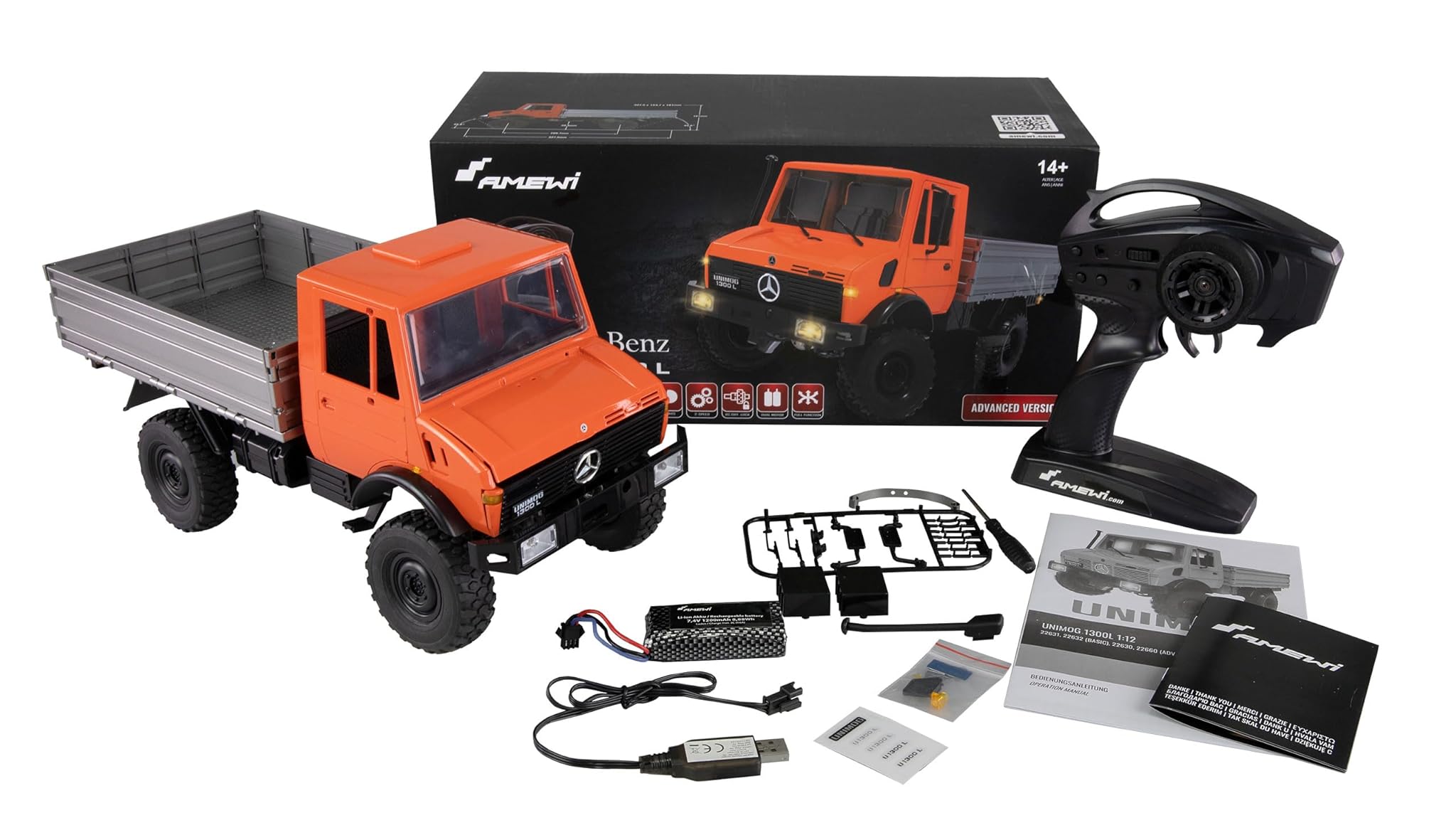 Amewi Mercedes Benz Unimog - Veicolo RC 4WD 1:12 RTR, Arancione