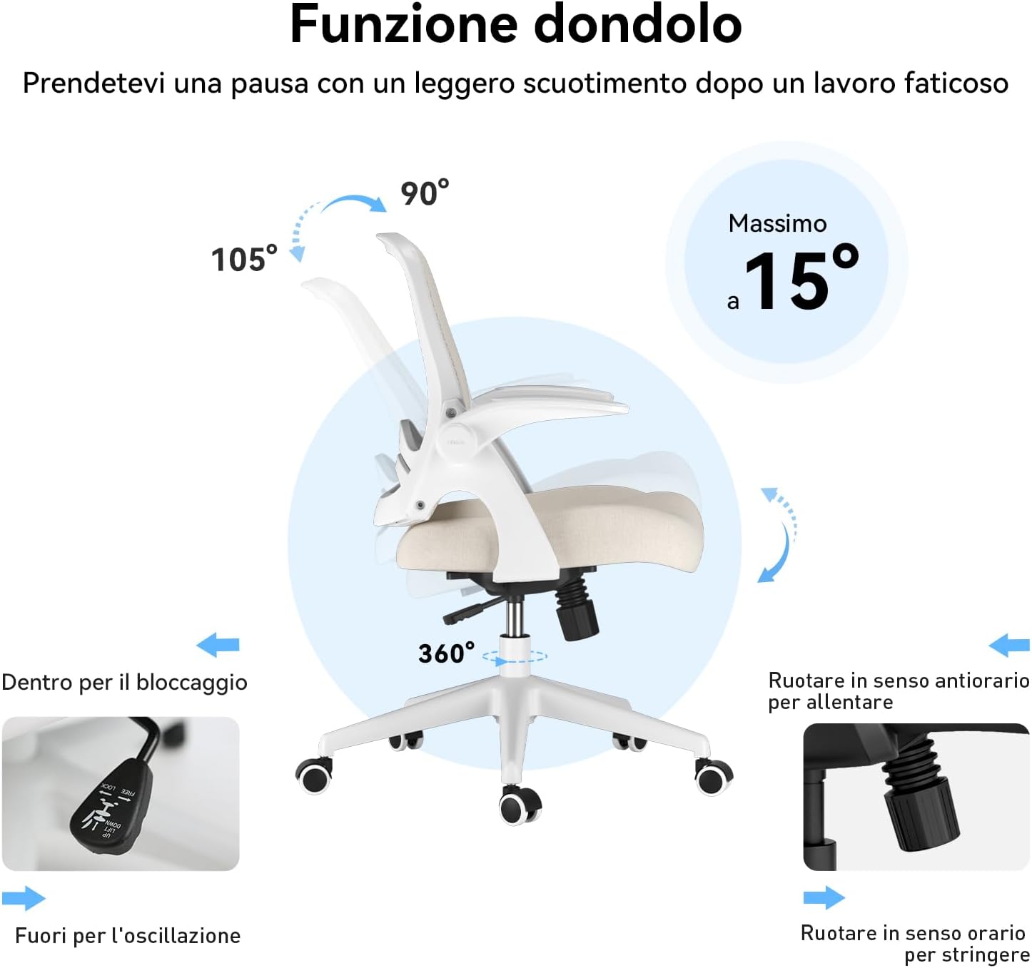 Hbada J1 Sedia da Ufficio Ergonomica Girevole, Grigio - immagine 8
