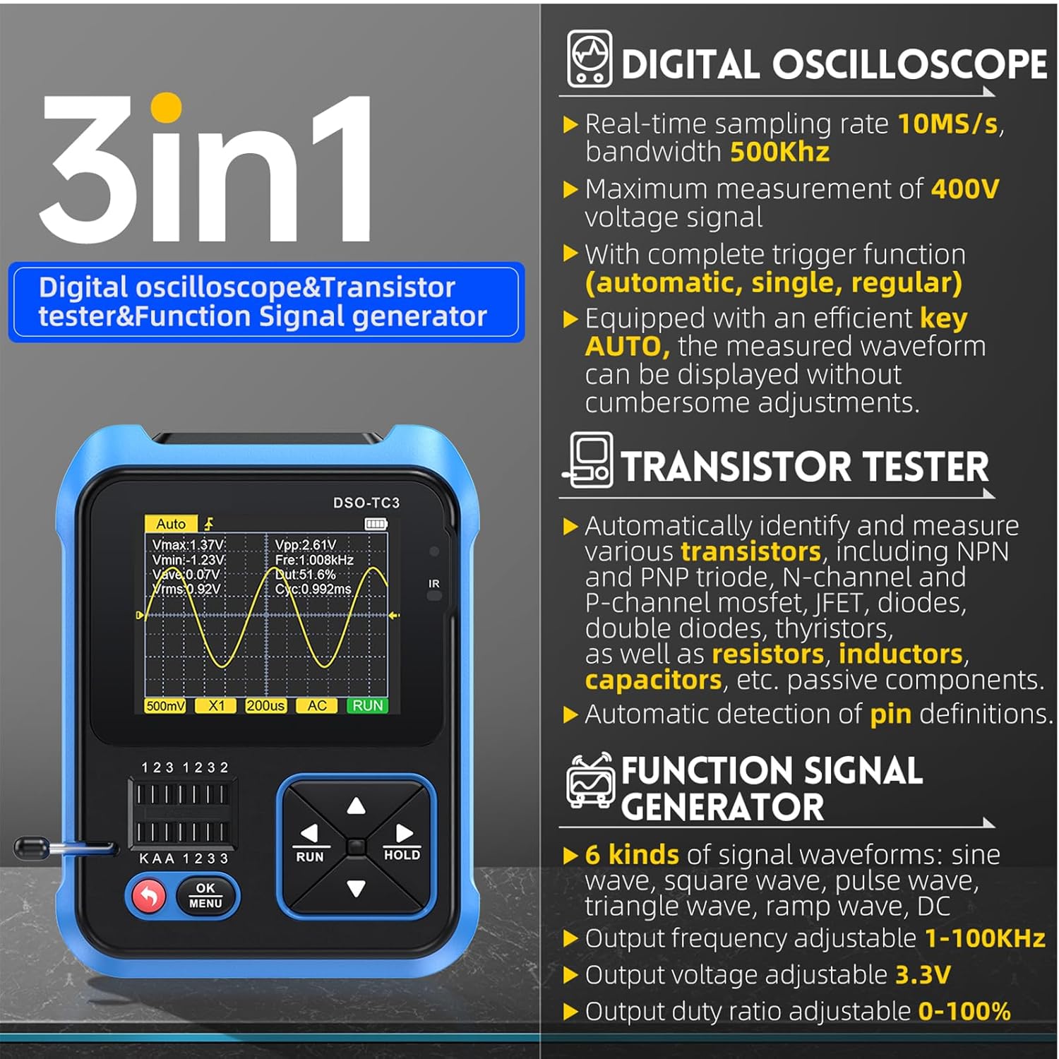 Oscilloscopio Digitale Portatile 3 in 1 con Display TFT 2.4" - immagine 8