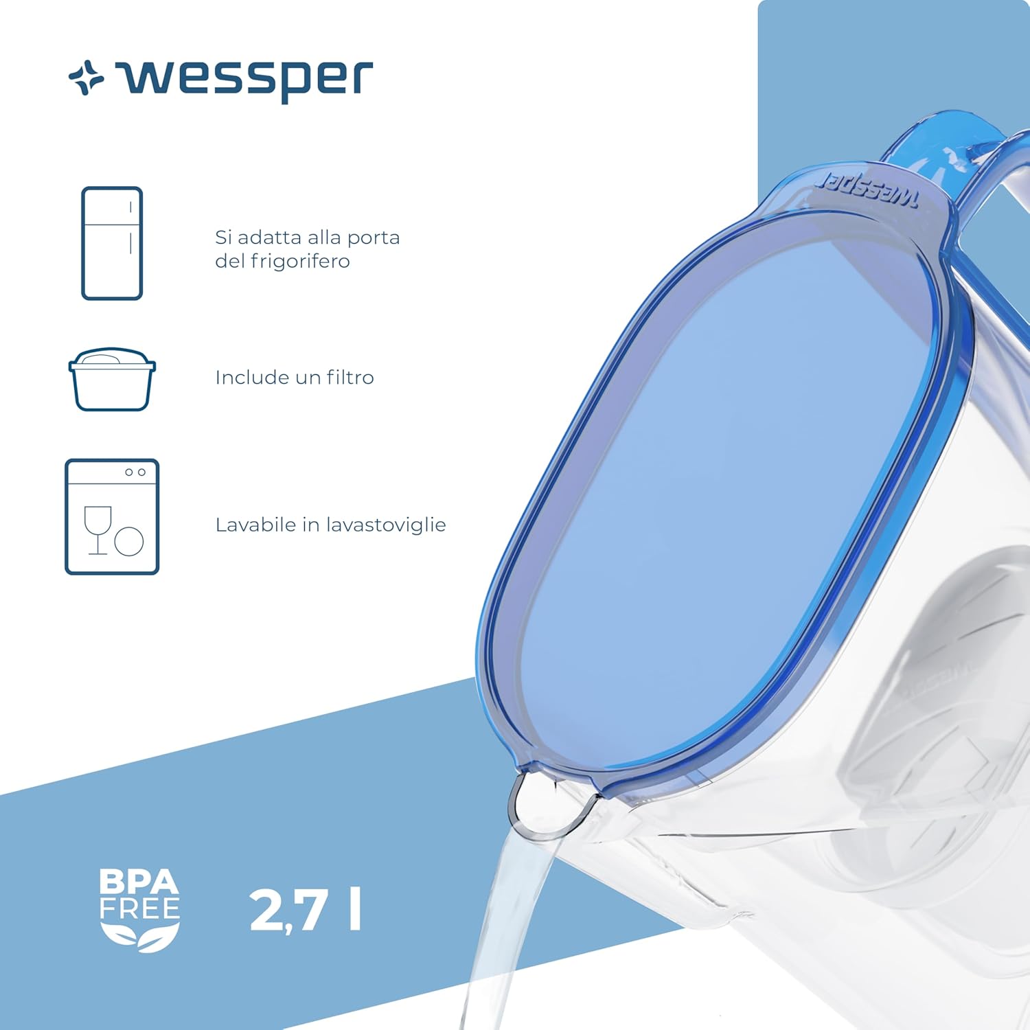 Wessper Caraffa Filtrante 2,7 Litri con 6 Filtri, Blu - immagine 4