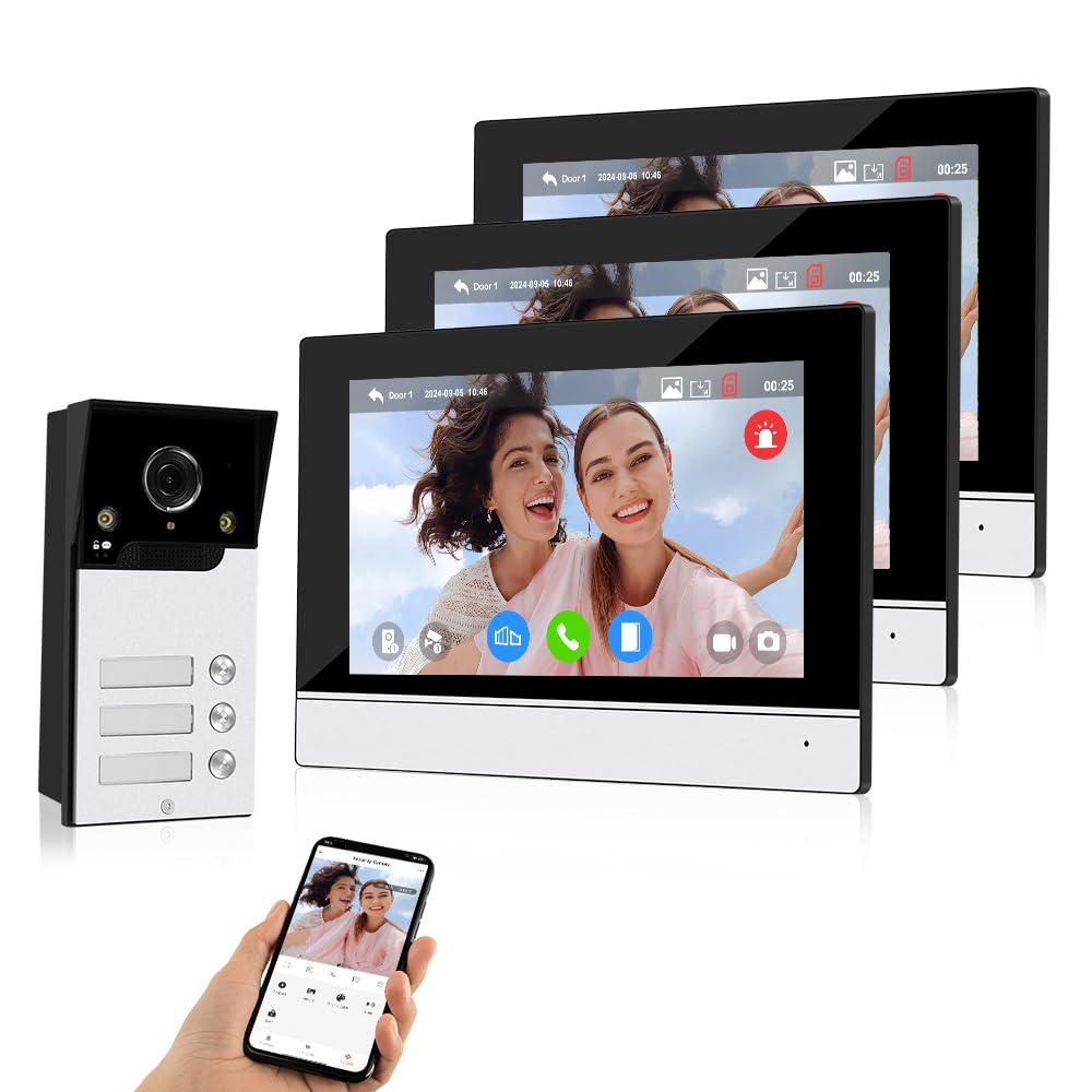 1080P HD WiFi Video Doorbell Sistema di Citofono Videocamera del Telefono Della Porta con Monitor Colori 7 Pollici per 3 Appartamenti, 120° Visione Notturna IR, Audio Bidirezionale