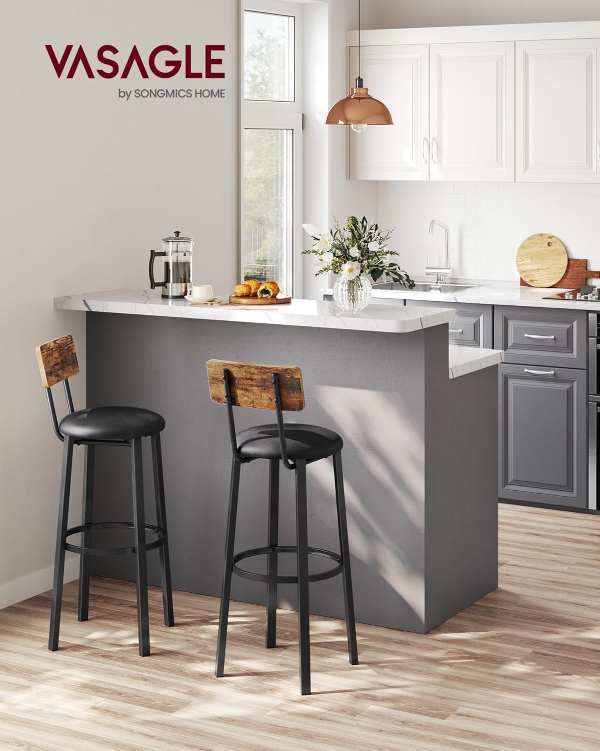 Vasagle Sgabelli da Bar Imbottiti in PU - Set da 2 - immagine 2