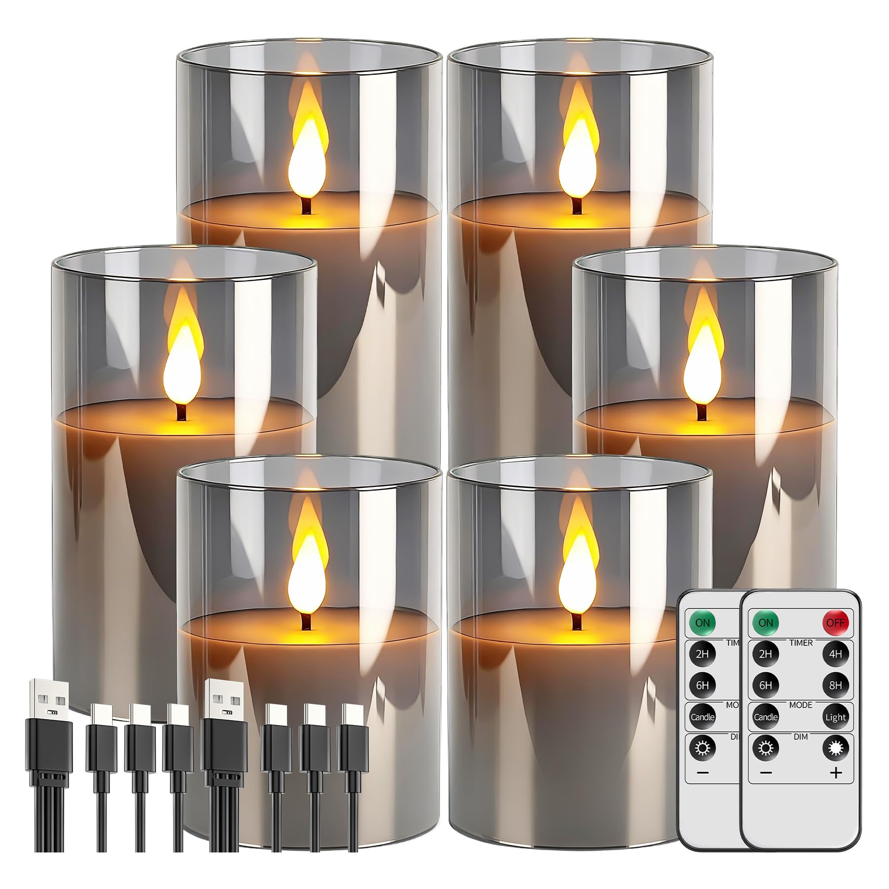 Broyal Candele LED Ricaricabili in Vetro Grigio (Set 6)