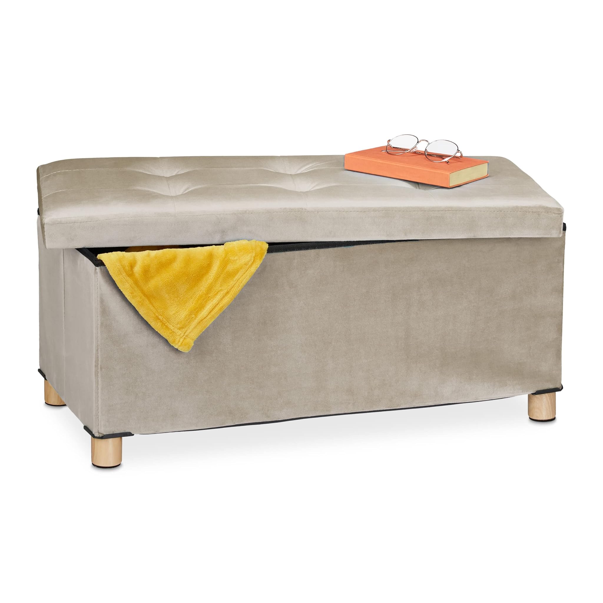 Relaxdays Pouf Contenitore Velluto, Creme