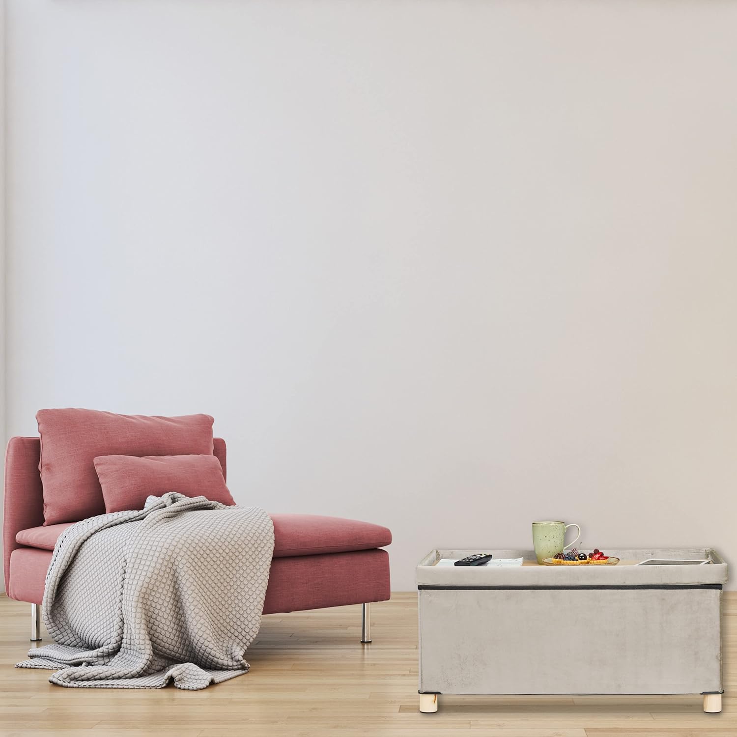 Relaxdays Pouf Contenitore Velluto, Creme - immagine 4