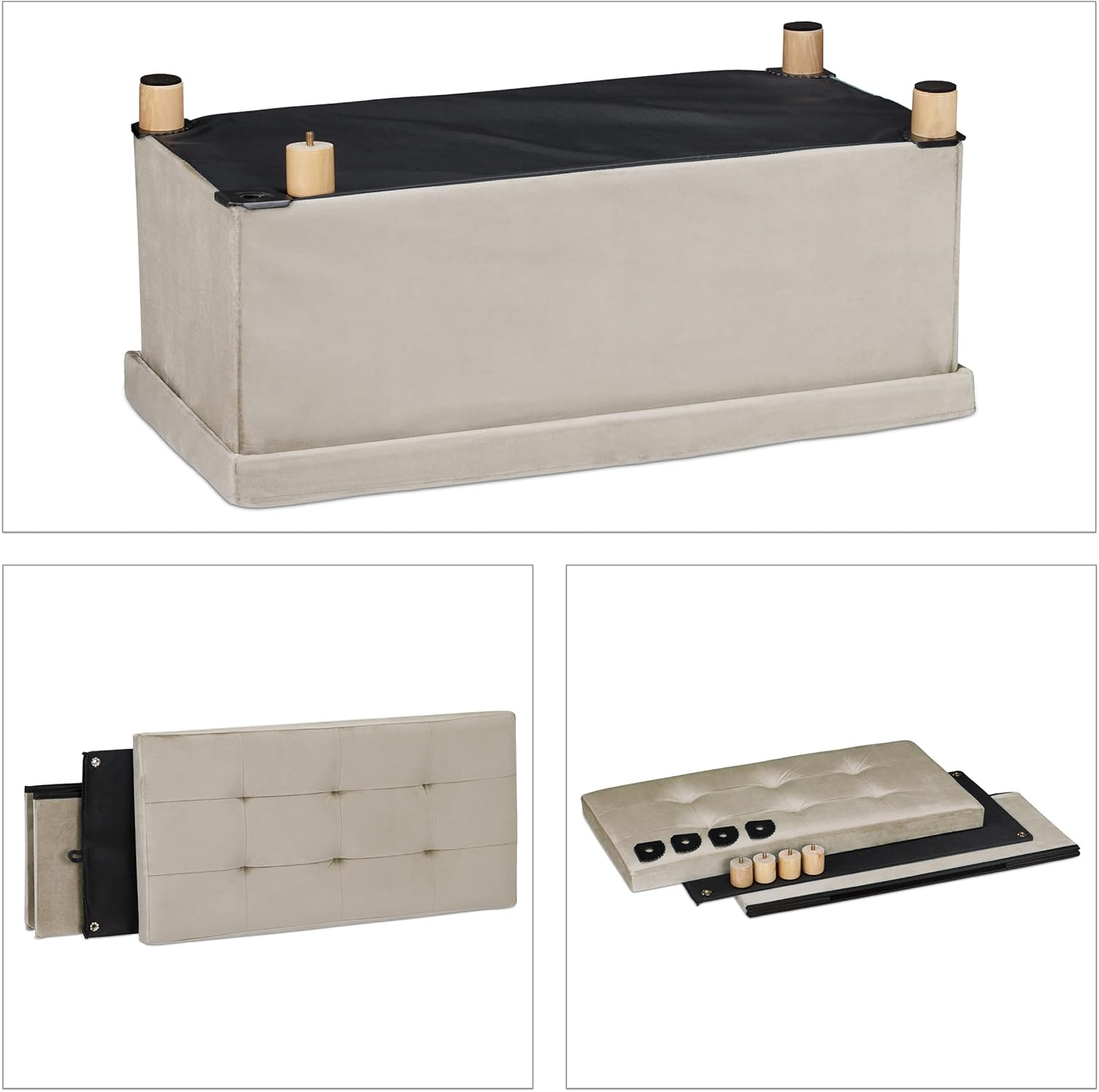 Relaxdays Pouf Contenitore Velluto, Creme - immagine 6