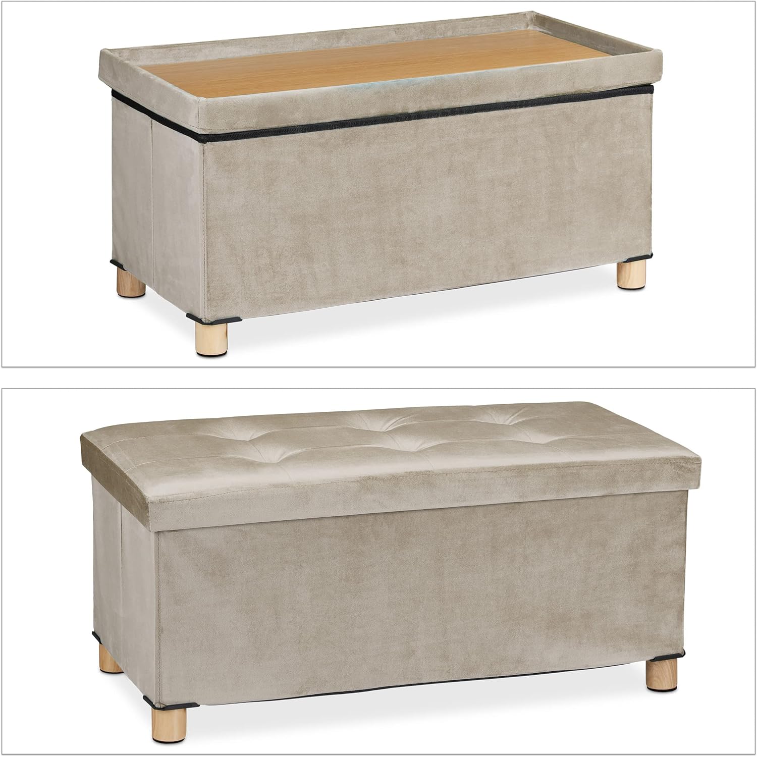 Relaxdays Pouf Contenitore Velluto, Creme - immagine 7