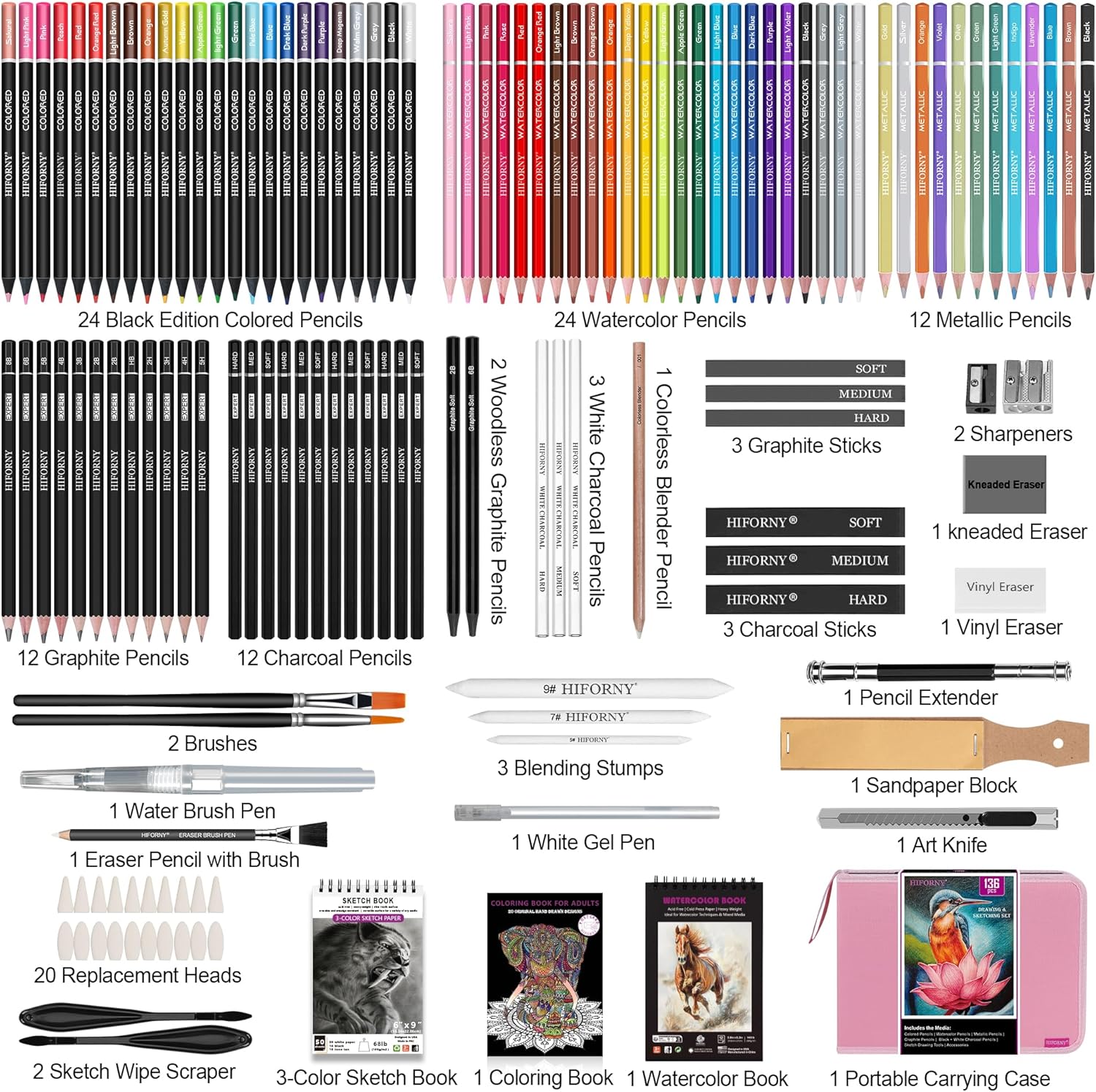 Hiforny Set di Disegno e Schizzo 136 Pezzi - Rosa - immagine 2