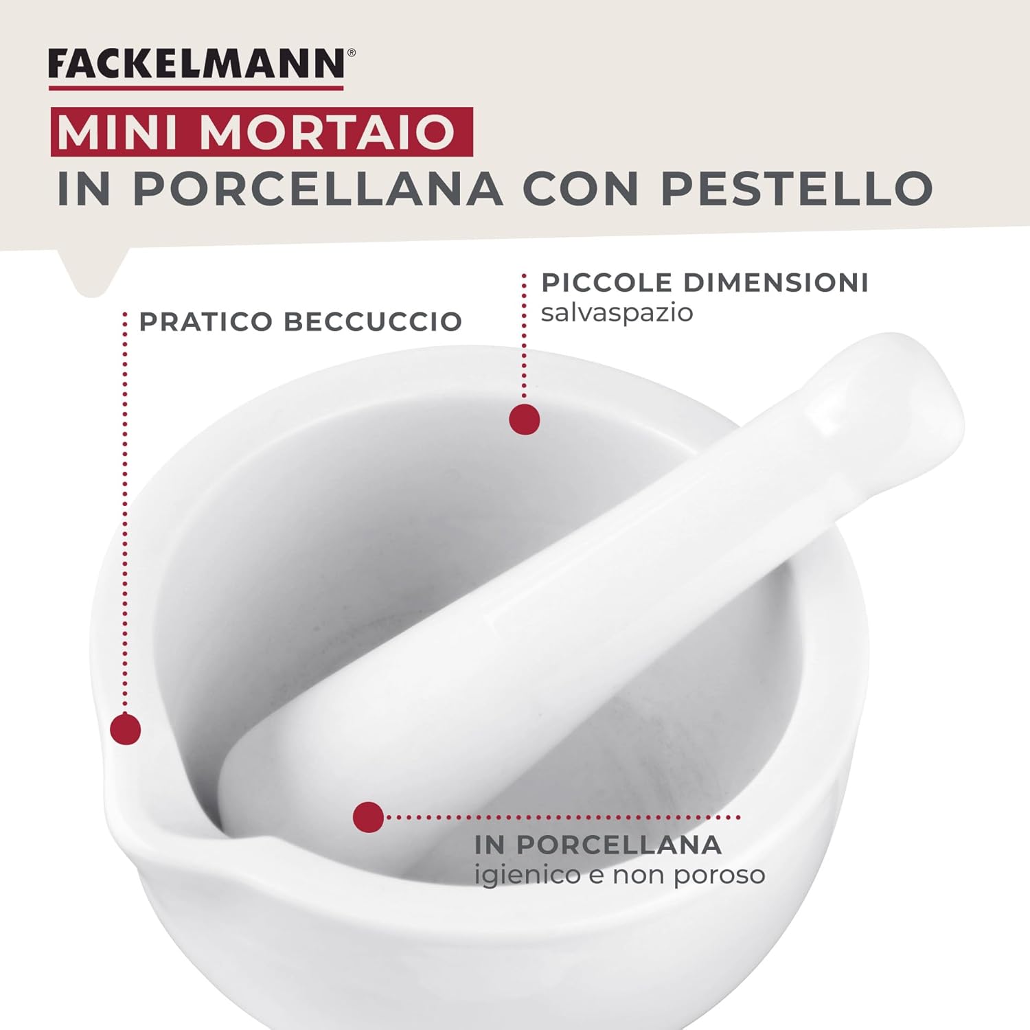 Fackelmann Pestello e Mortaio 11 cm in Porcellana, Bianco - immagine 5