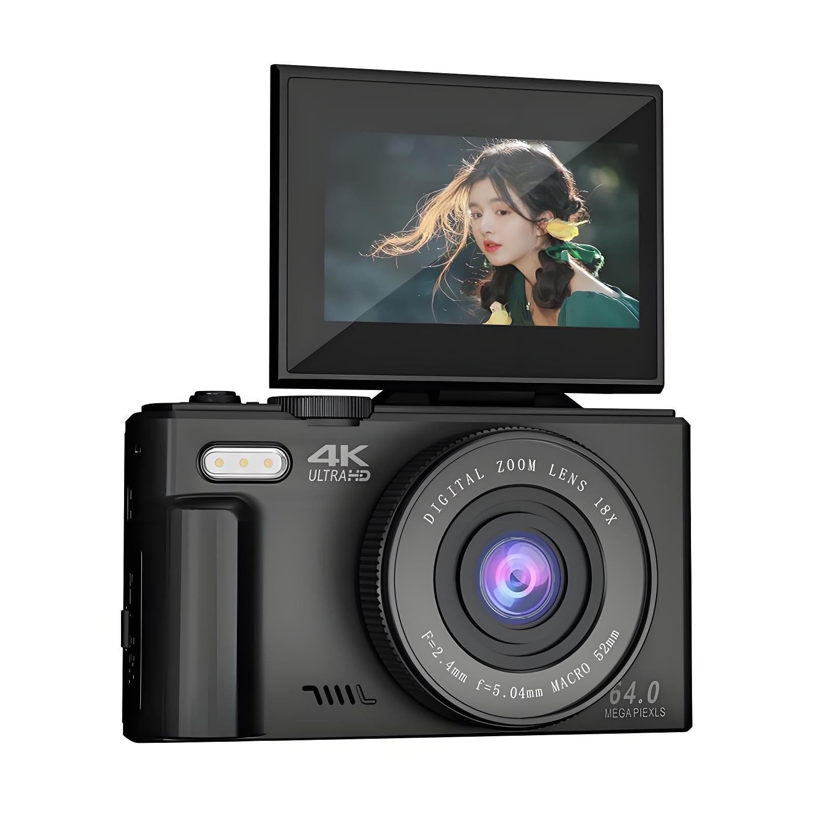 Fotocamera Digitale 4K 64 MP con Zoom 18X, Black