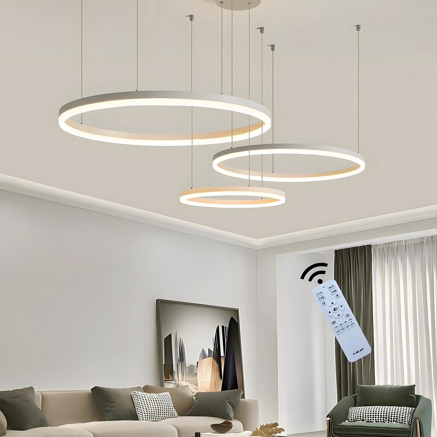 LED Lampadario Metallo 3 Cerchi 40+60+80cm, Bianco
