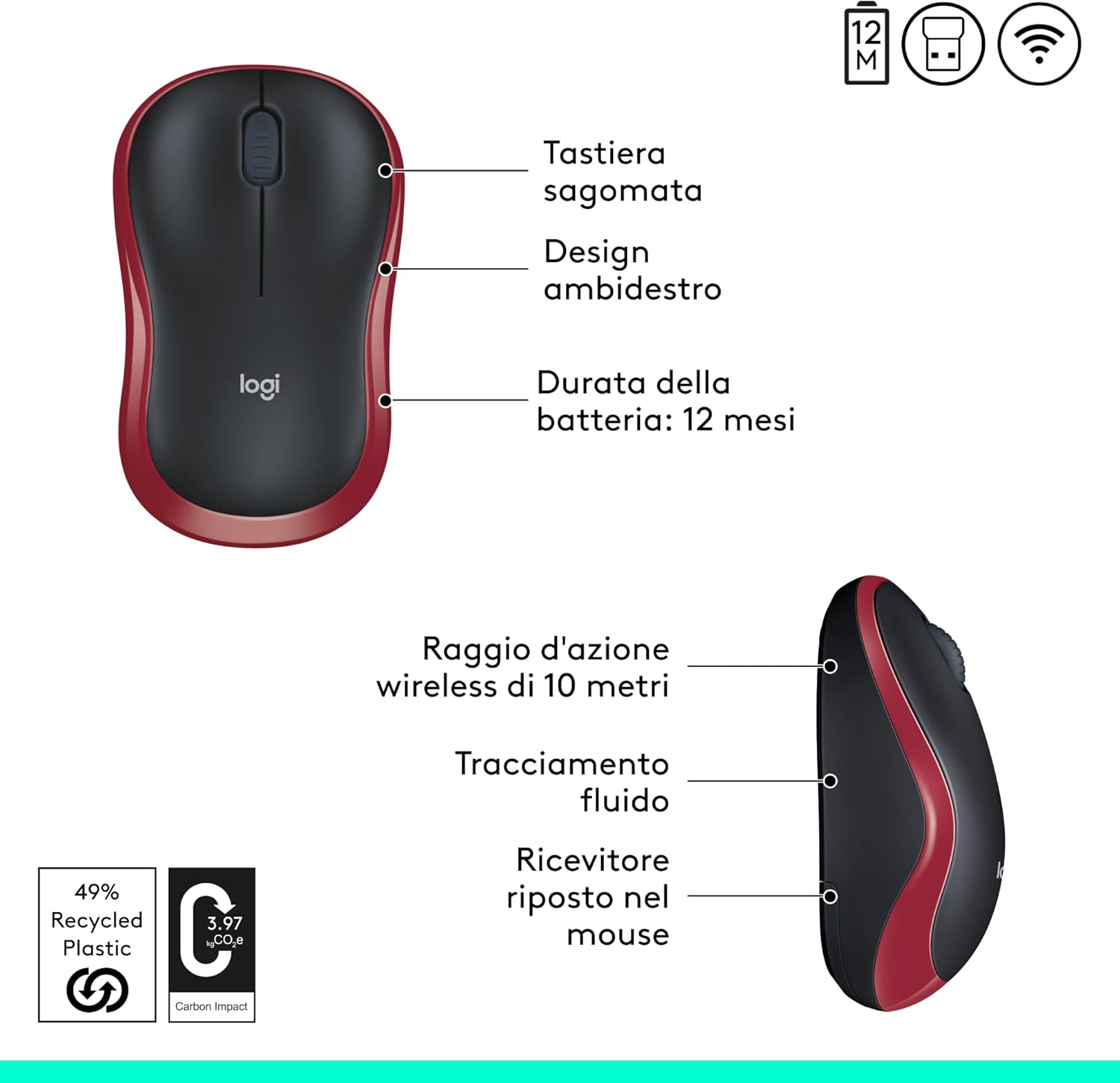 Logitech M185 Mouse Wireless 2.4 GHz, Rosso - immagine 7