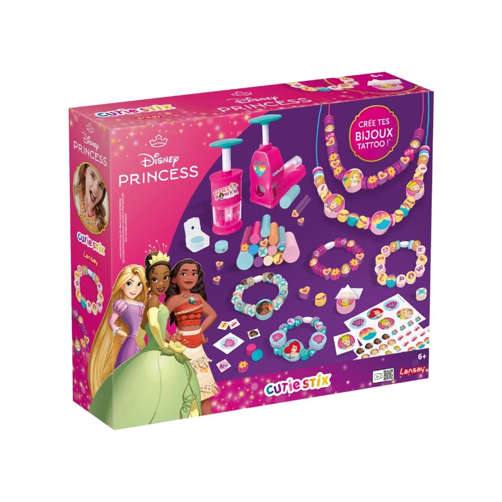 Lansay - Cutie Stix Disney Princess - Kit Création Bracelets - Dès 6 Ans | Fabrication de Bijoux - 14 Bâtonnets, Outils de Découpe, 2 Moules et 6 Fermoirs - Perles Uniques - Atelier de Perçage