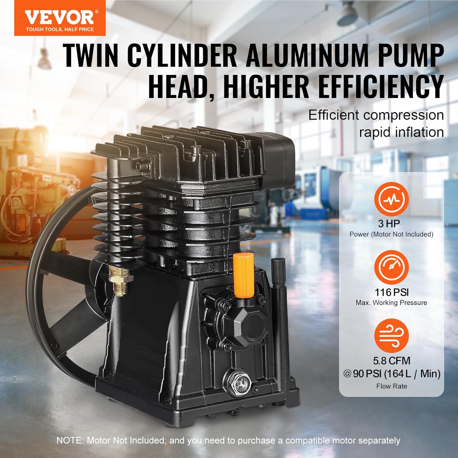Vevor Testa Pompa Compressore d'Aria 3HP, 2 Cilindri - immagine 2