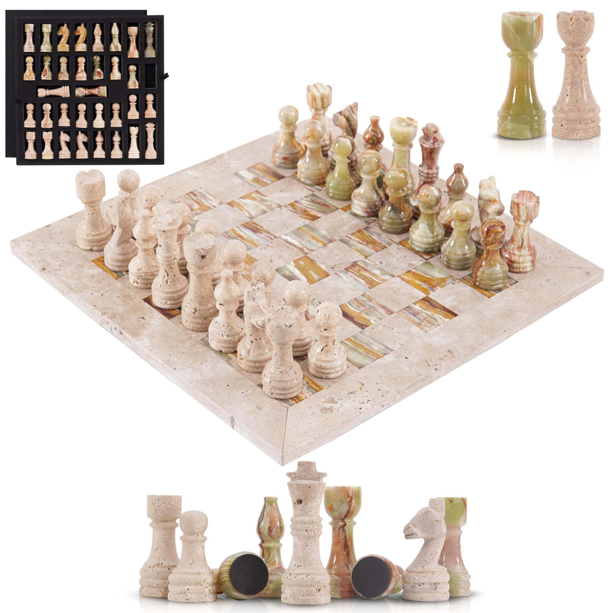 Set di scacchi in marmo da 38 cm, in travertino e a scacchi verdi, con pezzi, 2 regine extra e scatola portaoggetti, set strategico per adulti e famiglia, viaggi, gioco da tavolo