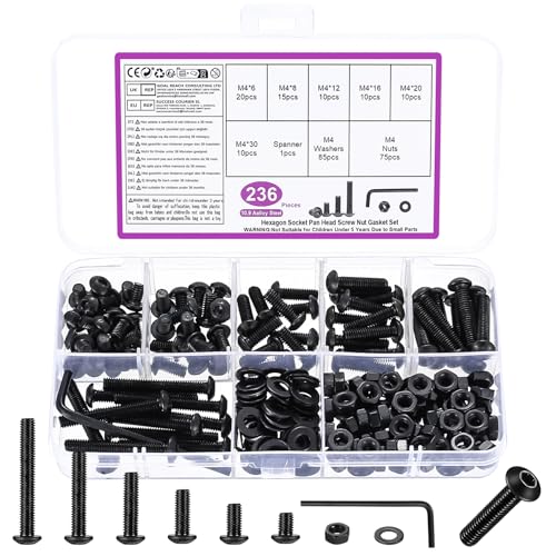 236 Pz M4 Set di Viti Bulloni e Dadi, M3 Bulloni a Testa Esagonale Tonda, Bullone Viti a Testa Brugola e Dadi e Rondella Set(Nero)