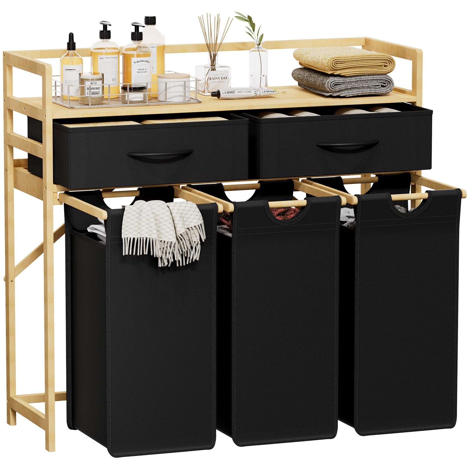 Lifewit Cesto Portabiancheria 3 Scomparti 120 L, Nero