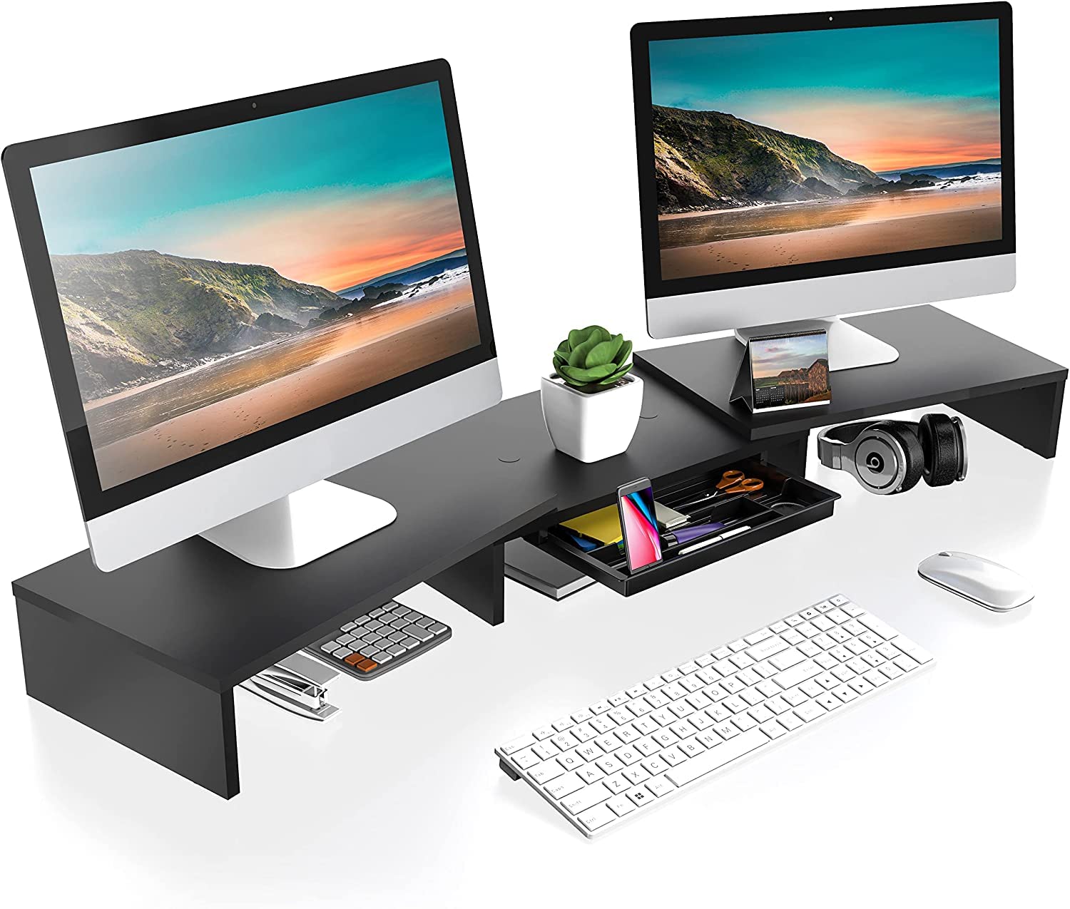 FITUEYES Supporto Monitor Supporto per Monitor in Legno con Cassetto, Lunghezza e Angoli Regolabili per 2 Monitor 92.5-108 x 23.5 x 10.2cm (Nero) DT108201WB