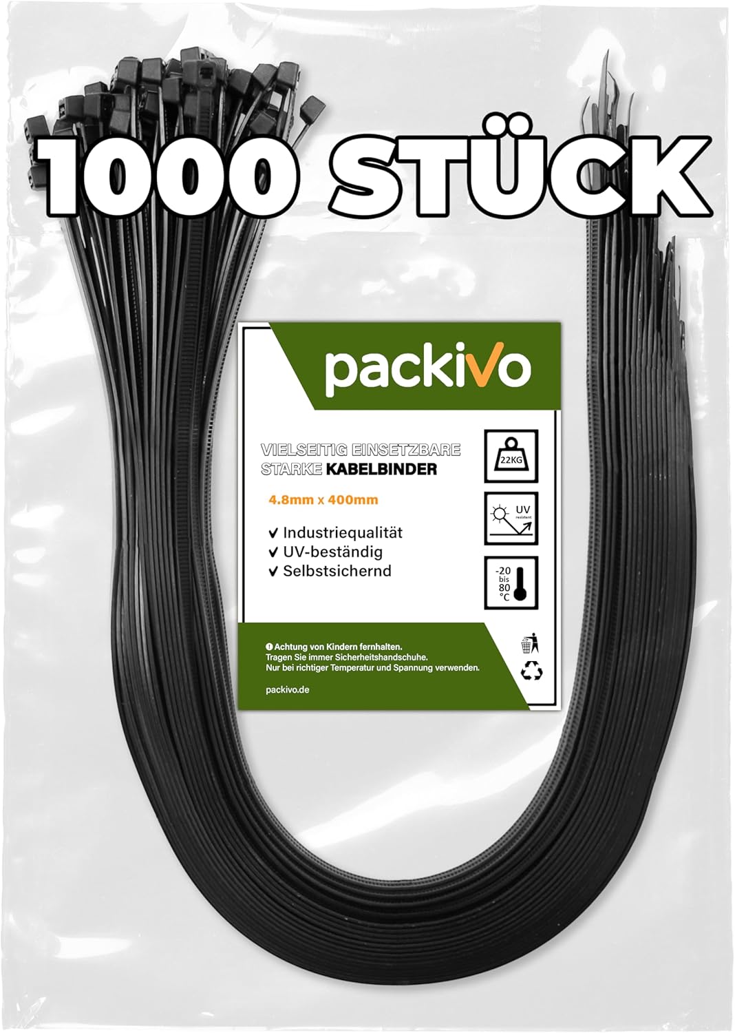 Packivo Fascette Stringicavo Nere 400mm x 4.8mm, 1000 pz