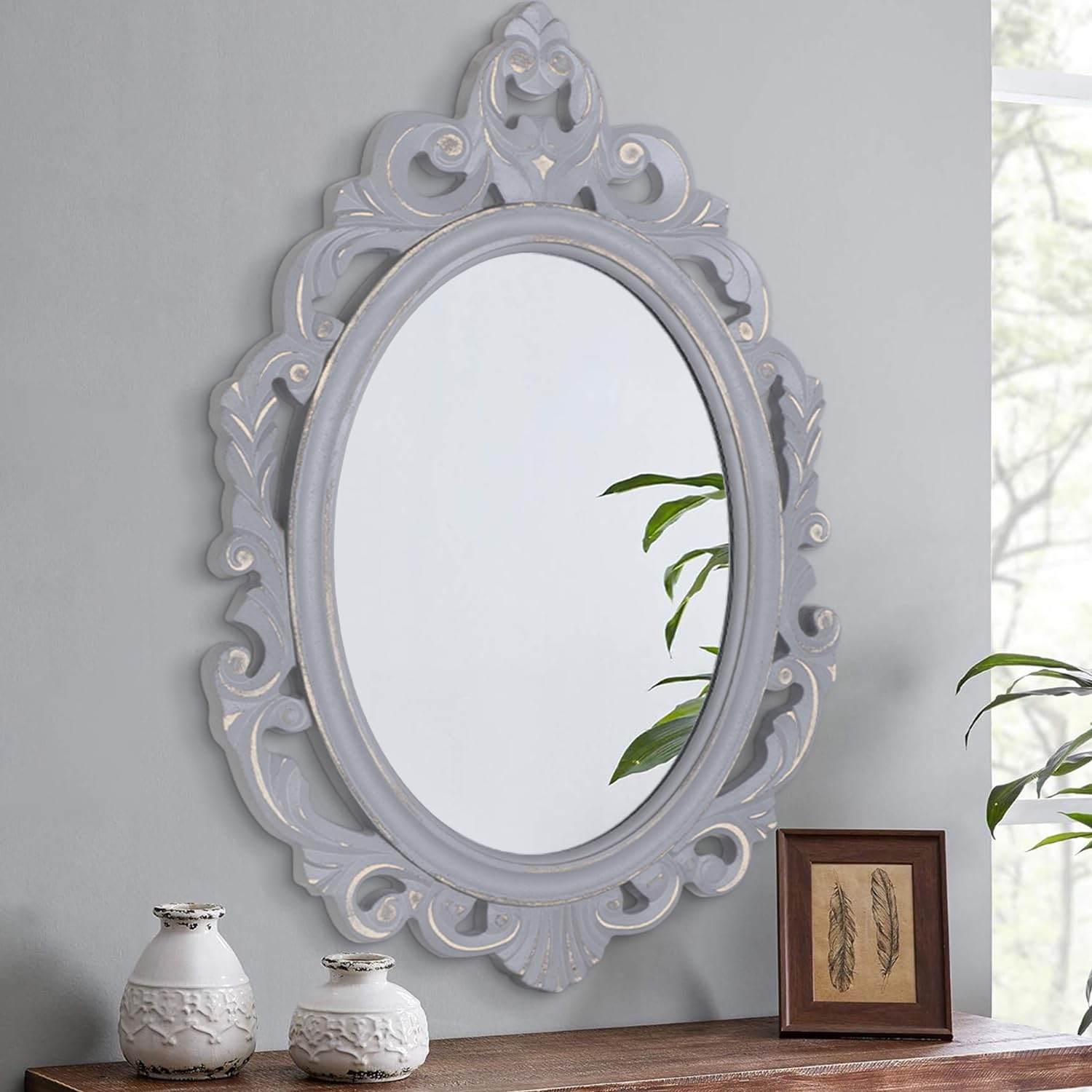 Specchio Ovale Grigio con Cornice Intagliata 61x40,6 cm