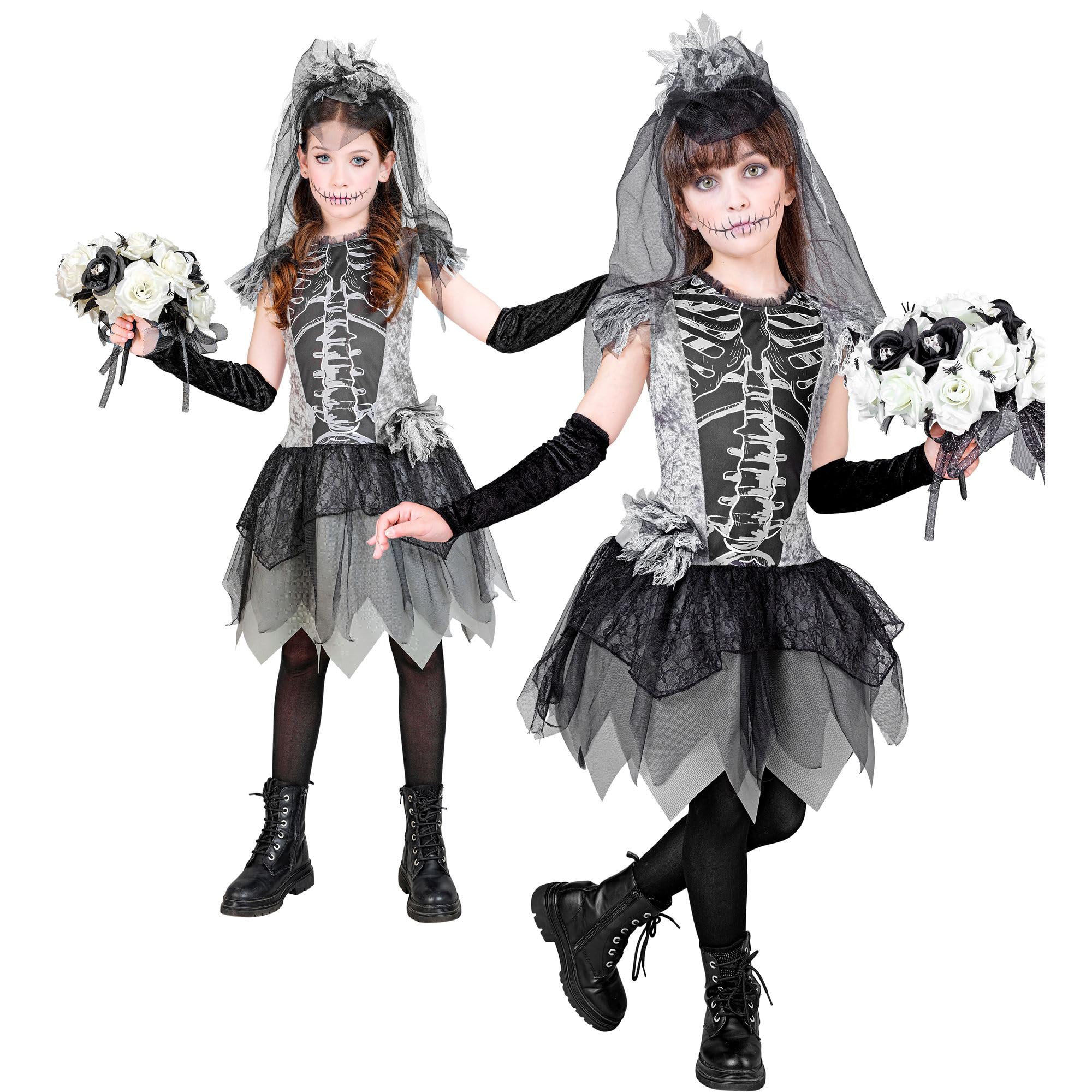 W WIDMANN MILANO Party Fashion - costume da scheletro sposa per bambini, vestito, sposa fantasma, mietitore, Giorno dei Morti