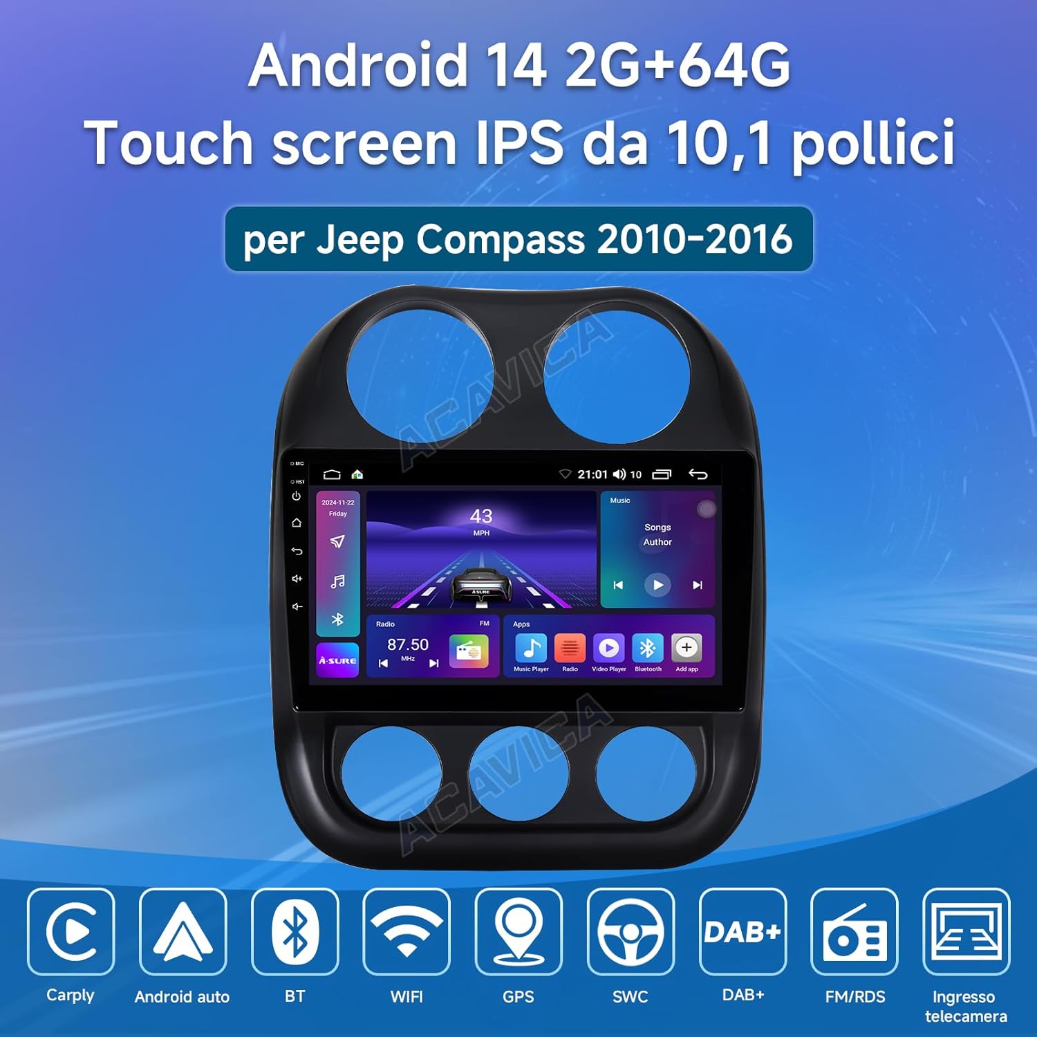 Acavica Autoradio 2+64GB per Jeep Compass (2010-2016) - immagine 2