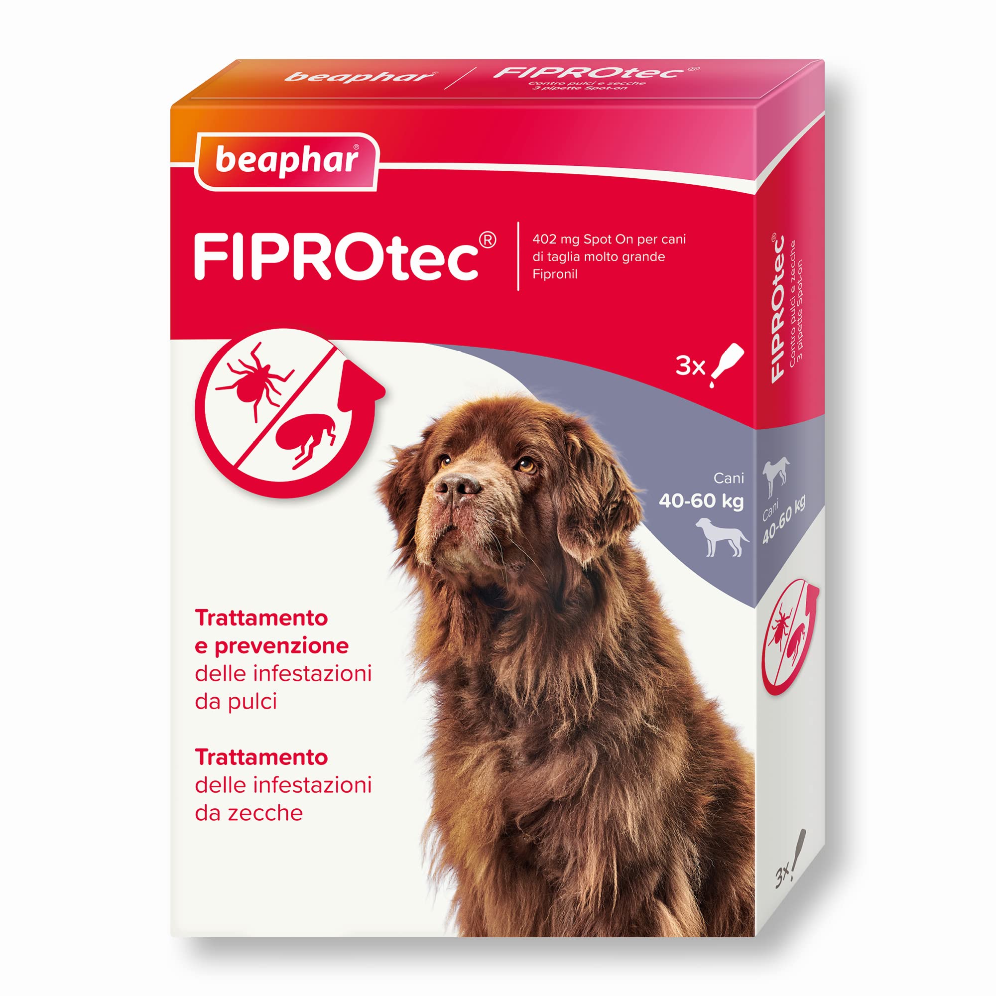 Beaphar FIPROtec Antiparassitario per Cane Taglia Molto Grande (40-60 Kg), Protegge da Pulci e Zecche - In Confeziona da 3 Pipette