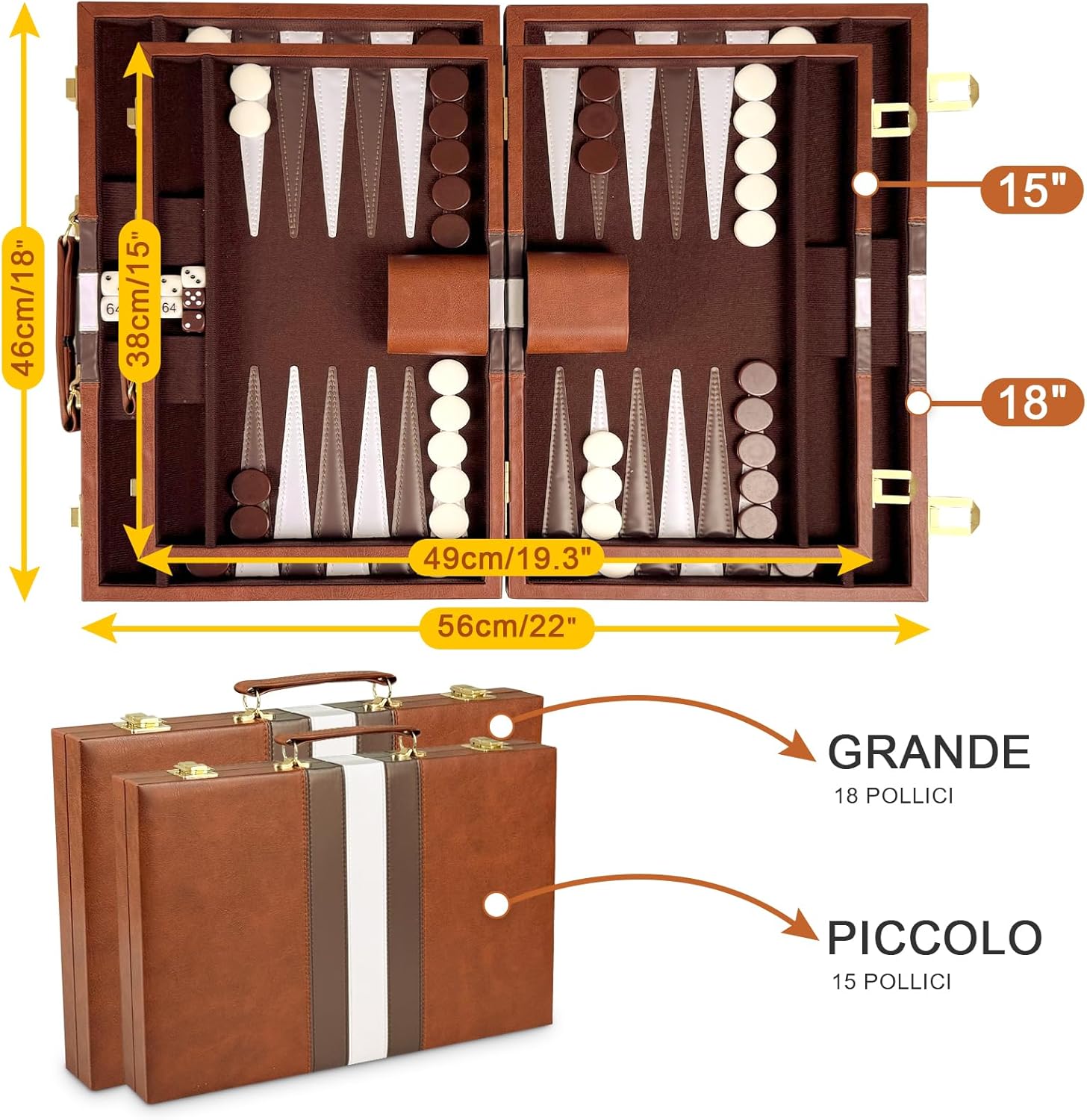 Set Backgammon, Set di Backgammon Classico per 2 Giocatori, Gioco di Strategia da Viaggio Portatile (15 pollici, Marrone) - immagine 2