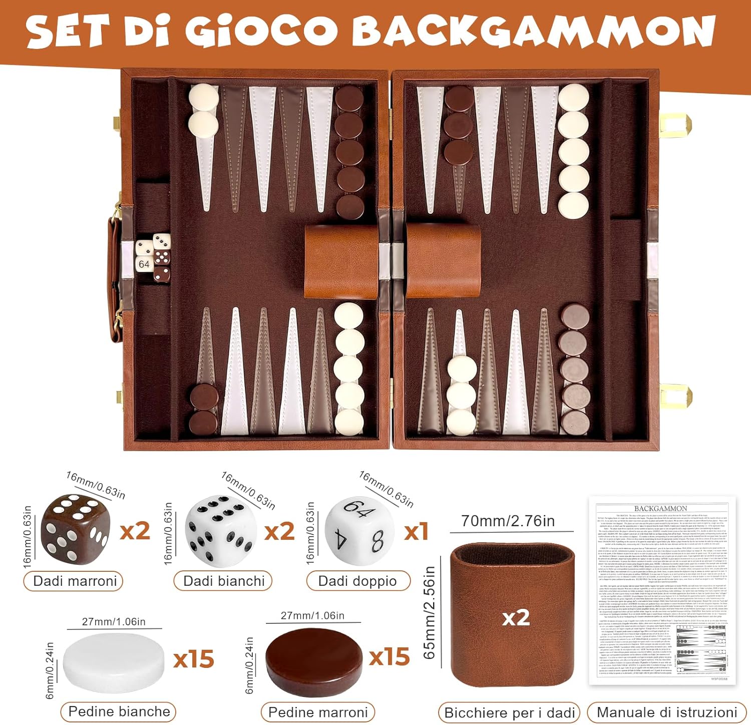 Set Backgammon, Set di Backgammon Classico per 2 Giocatori, Gioco di Strategia da Viaggio Portatile (15 pollici, Marrone) - immagine 3