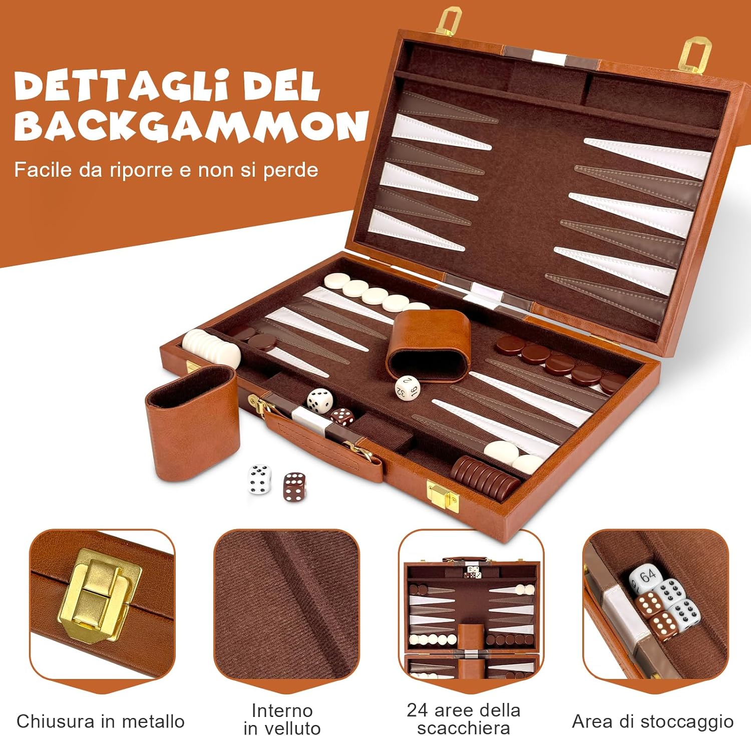 Set Backgammon, Set di Backgammon Classico per 2 Giocatori, Gioco di Strategia da Viaggio Portatile (15 pollici, Marrone) - immagine 4
