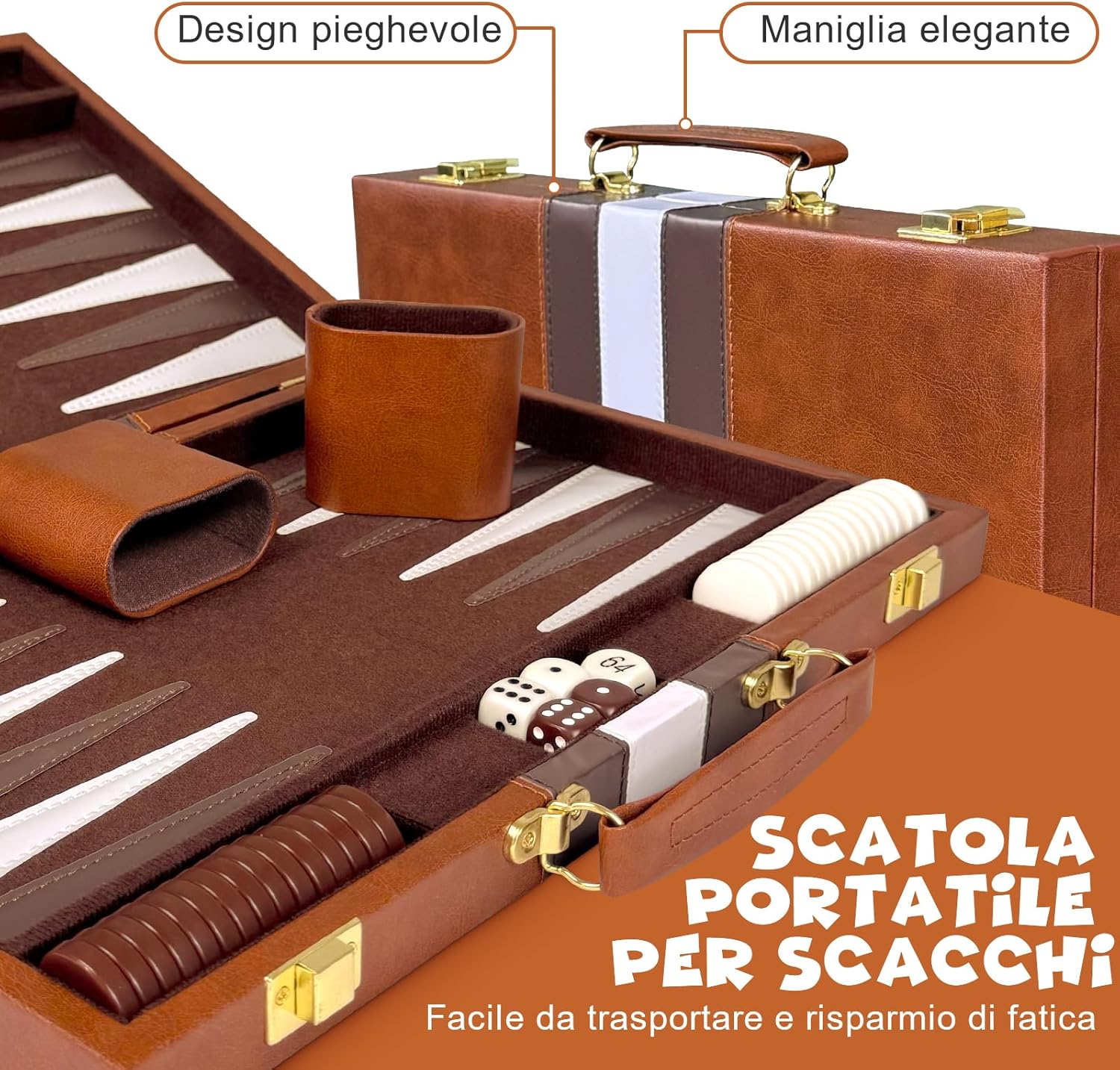 Set Backgammon, Set di Backgammon Classico per 2 Giocatori, Gioco di Strategia da Viaggio Portatile (15 pollici, Marrone) - immagine 6