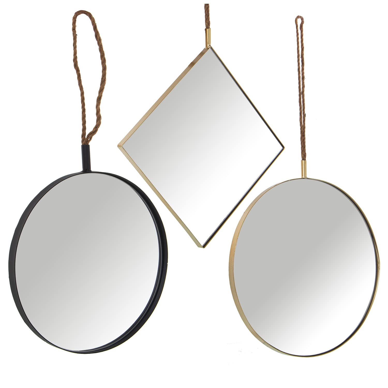 SET 3 ESPEJOS METAL DORADO C/CUERDA 35X35+40X40+50X50CM
