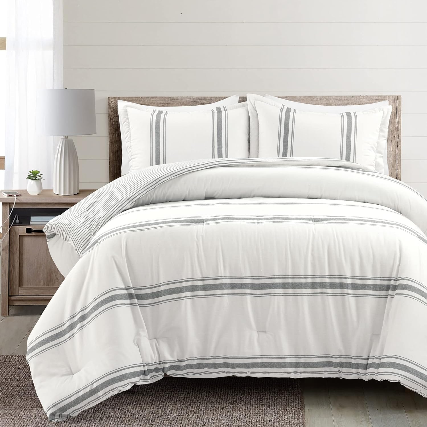 Lush Decor Farmhouse Stripe - Set Letto Reversibile 3 Pezzi