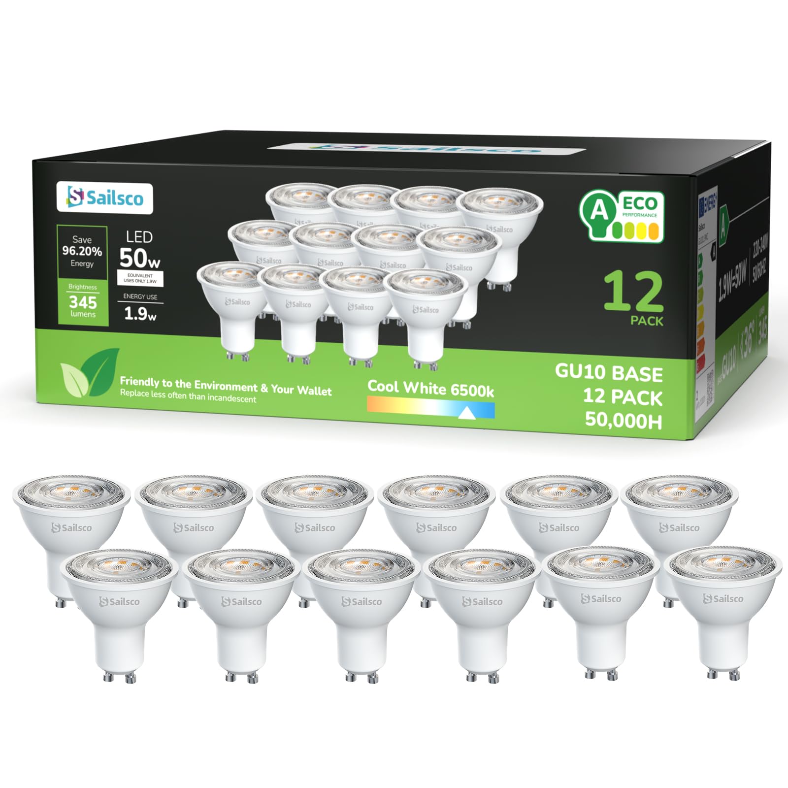 Lampadina GU10 LED 1.9W (equiv. 50W) 6500K - 12 Pezzi