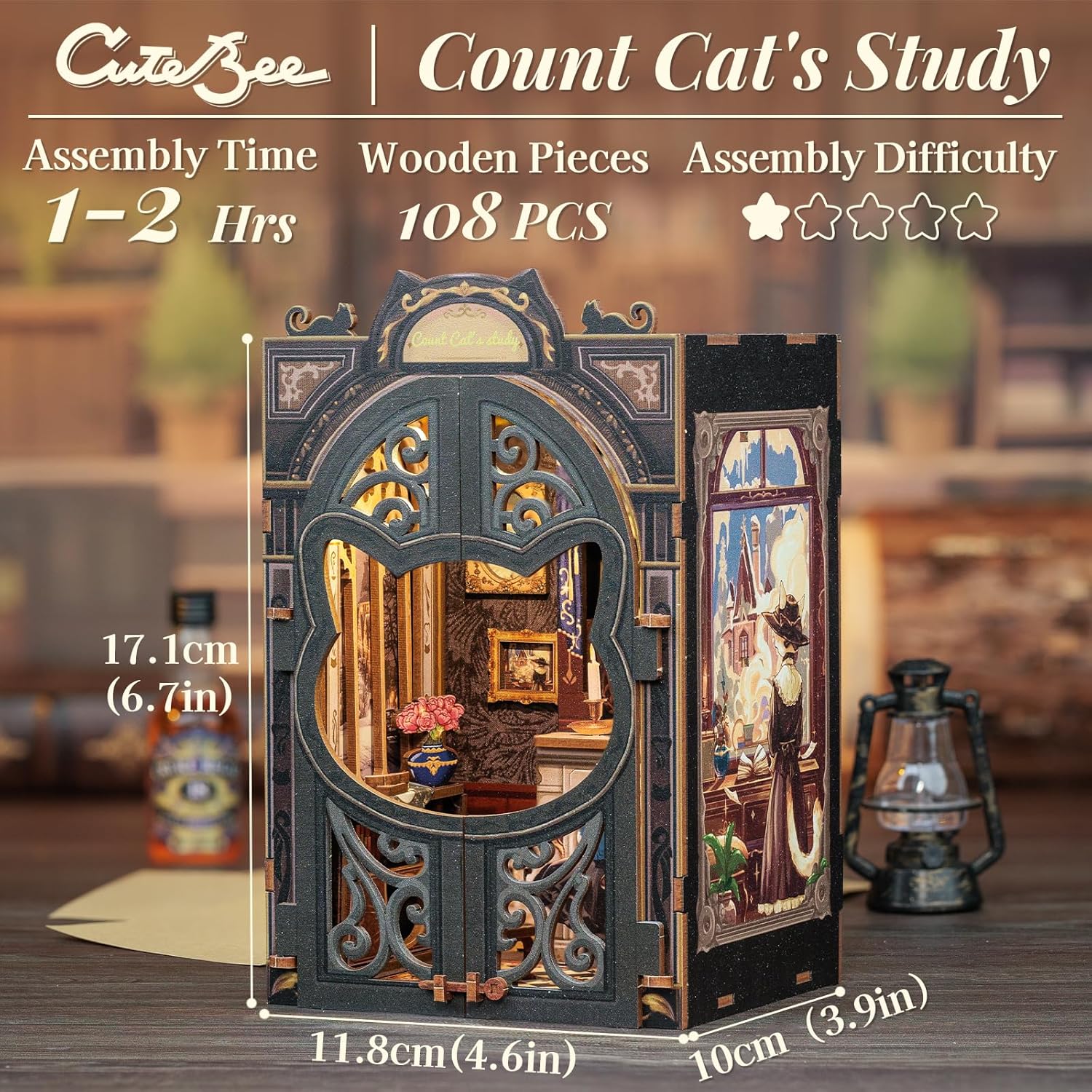 CUTEBEE Book Nook - Kit Miniatura Fai da Te "Count Cat's Study" - immagine 2