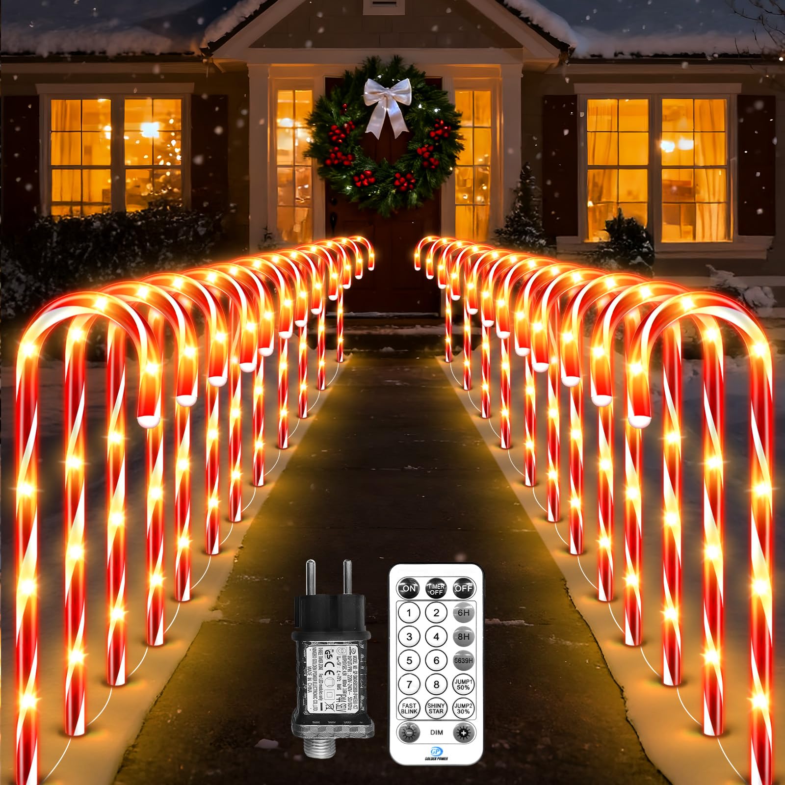 Set di 24 luci a LED con bastoncini di zucchero, 144 luci a LED bianco caldo, illuminate, 8 modalità di illuminazione, IP65, impermeabile, per giardino/balcone/decorazioni natalizie (bianco caldo
