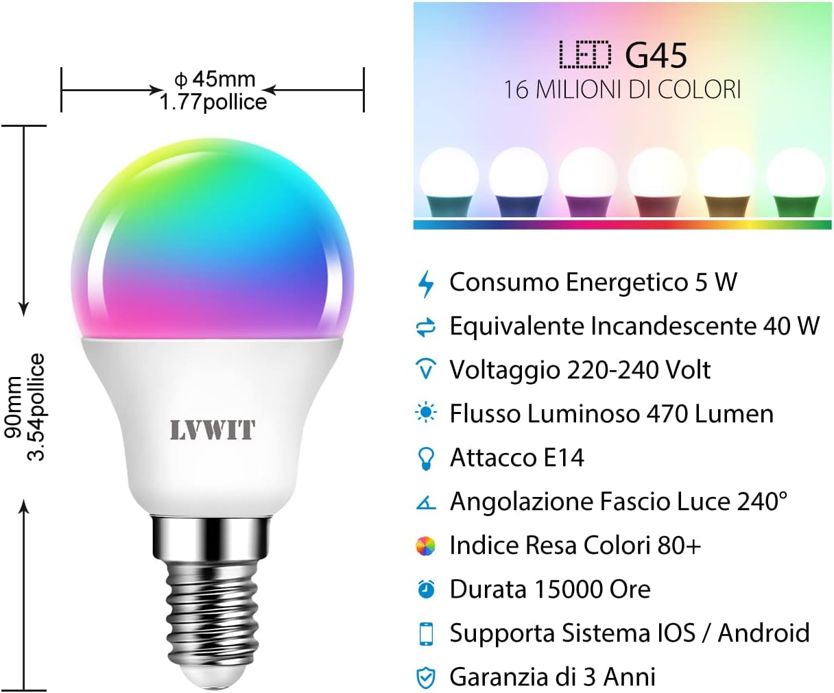 Lvwit Lampadina Smart E14 Wifi G45 - 4 Pezzi - immagine 2
