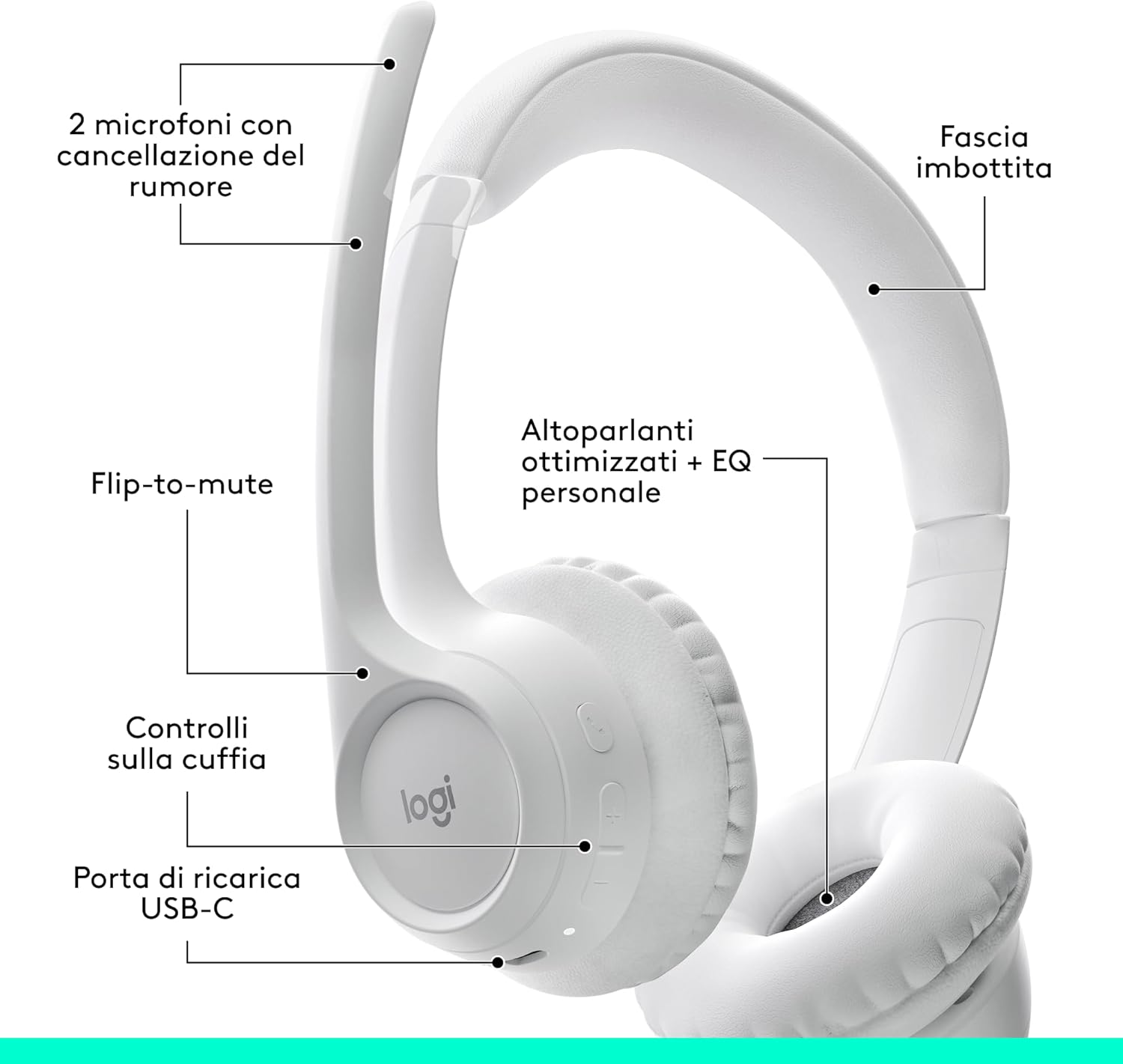 Logitech Zone 300 - Cuffia Wireless Bluetooth, Blanco - immagine 6