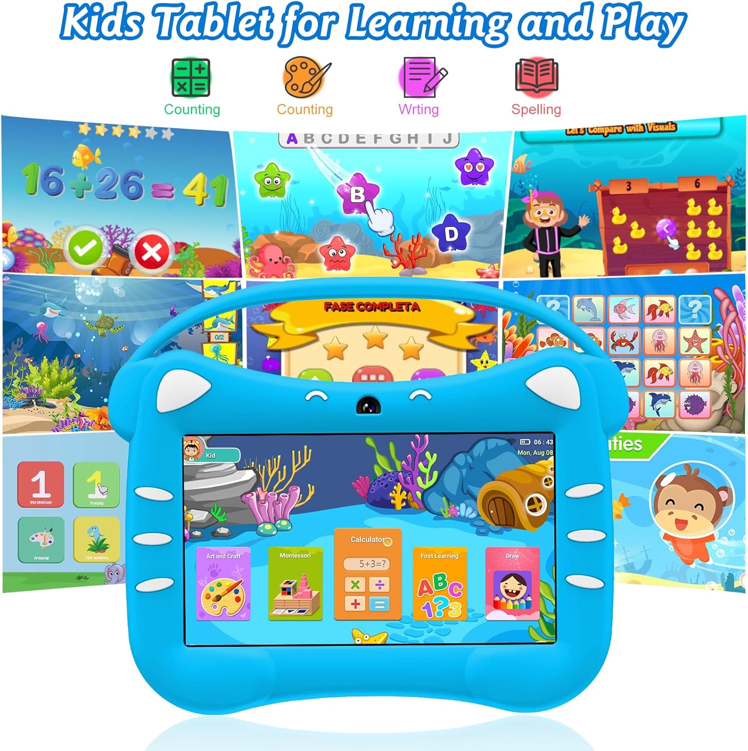 Veswwe Tablet Educativo per Bambini 7" Android, Blu - immagine 2