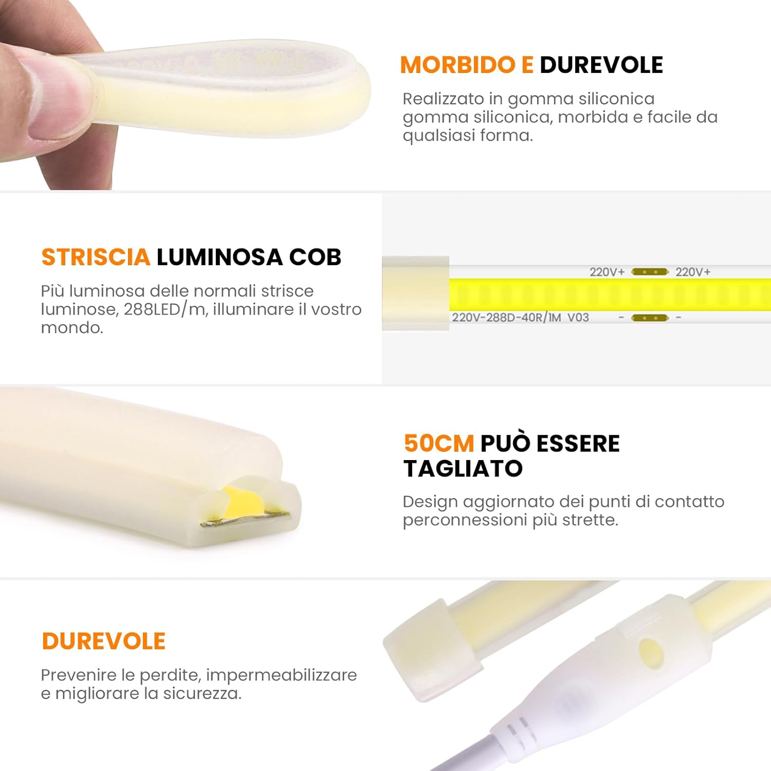 Wisada Striscia LED COB 220V Flessibile 10M, Bianco - immagine 3