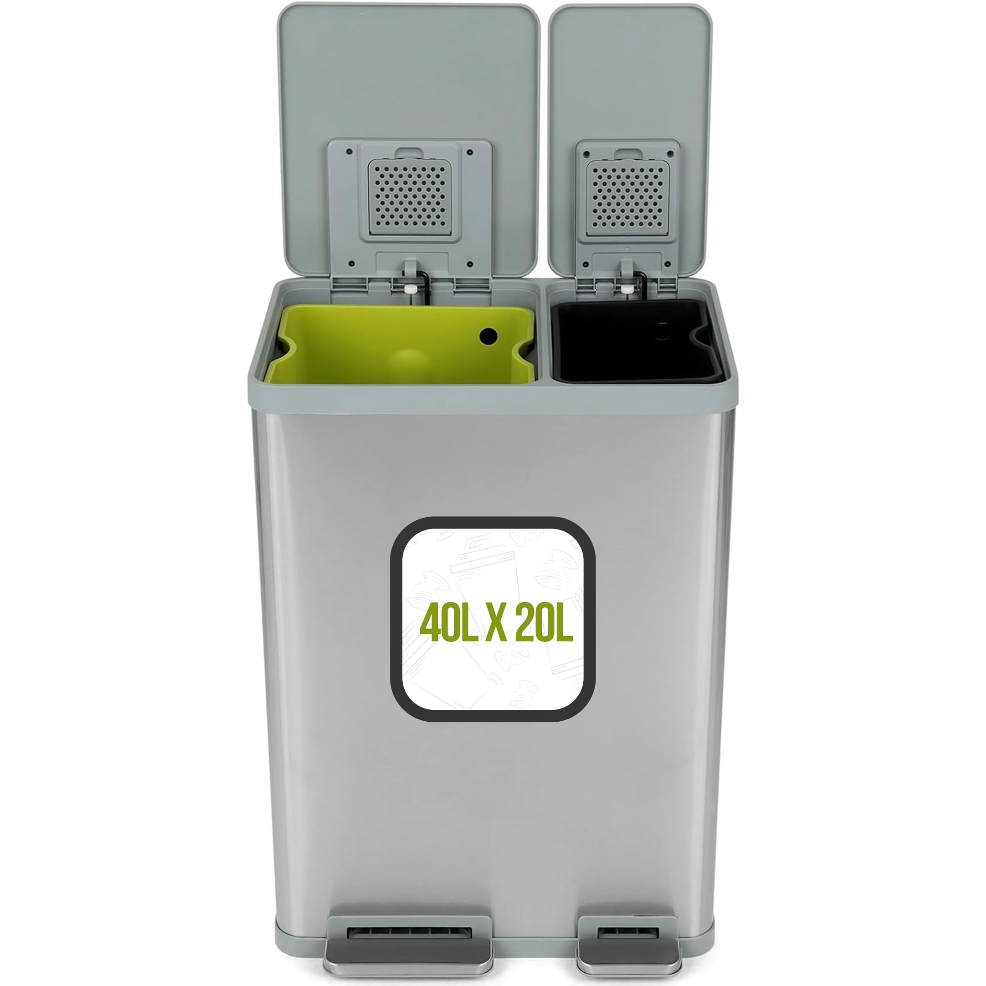 Simpli-Magic Pattumiera rettangolare da 60 litri, a doppio scomparto, per riciclaggio della cucina, con coperchio a chiusura automatica, in acciaio inox spazzolato (capacità 40 L + 20 L)
