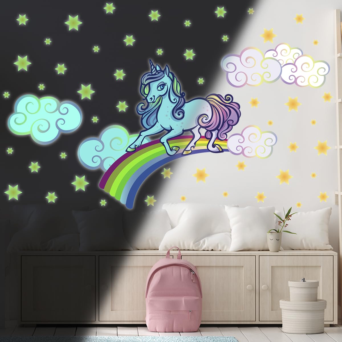 Ambiance Sticker Fosforescente Unicorno su Arcobaleno