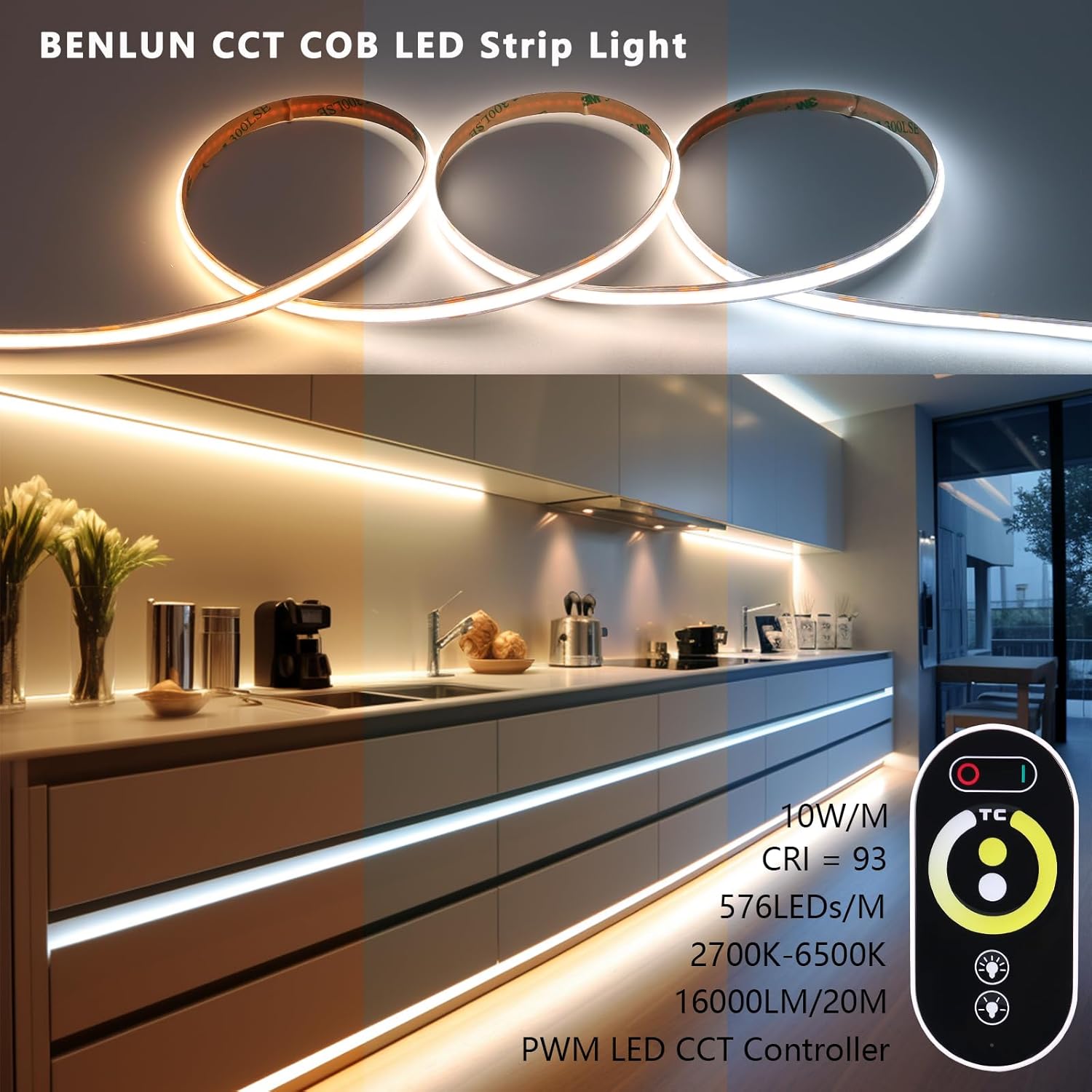 Benlun Striscia LED COB CCT 24V 20 metri - immagine 2